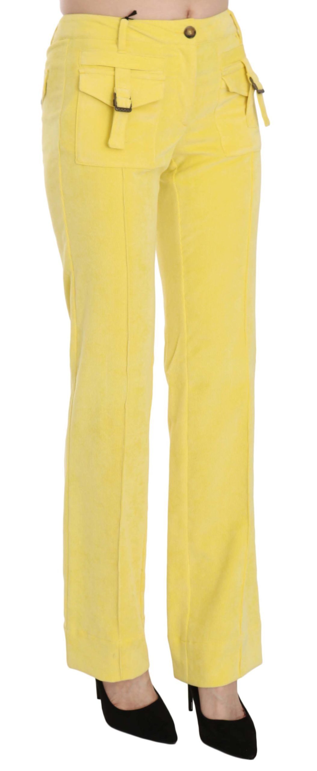 Just Cavalli Yellow Corduroy Mid Waist Straight Trousers – Stretch Blend, Zipper Closure, Logo Detail (IT46 / XL)