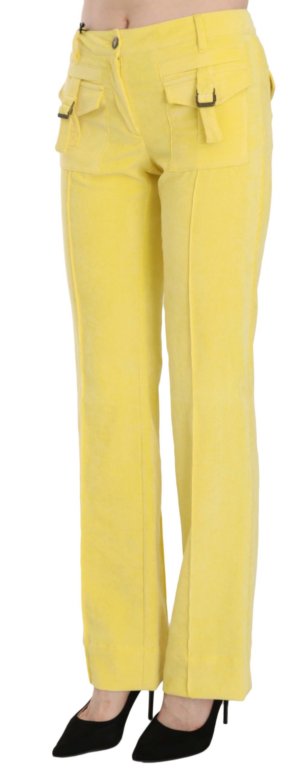 Just Cavalli Yellow Corduroy Mid Waist Straight Trousers – Stretch Blend, Zipper Closure, Logo Detail (IT46 / XL)