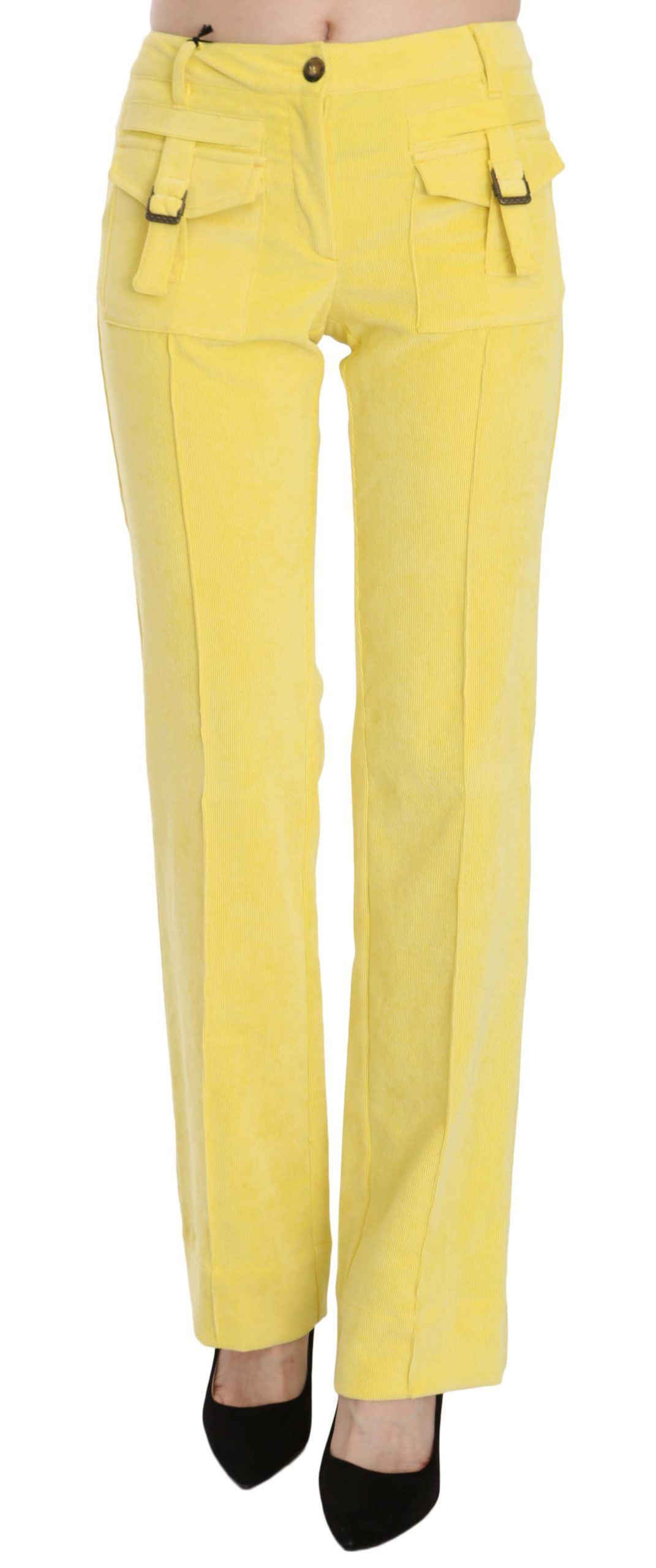 Just Cavalli Yellow Corduroy Mid Waist Straight Trousers – Stretch Blend, Zipper Closure, Logo Detail (IT46 / XL)