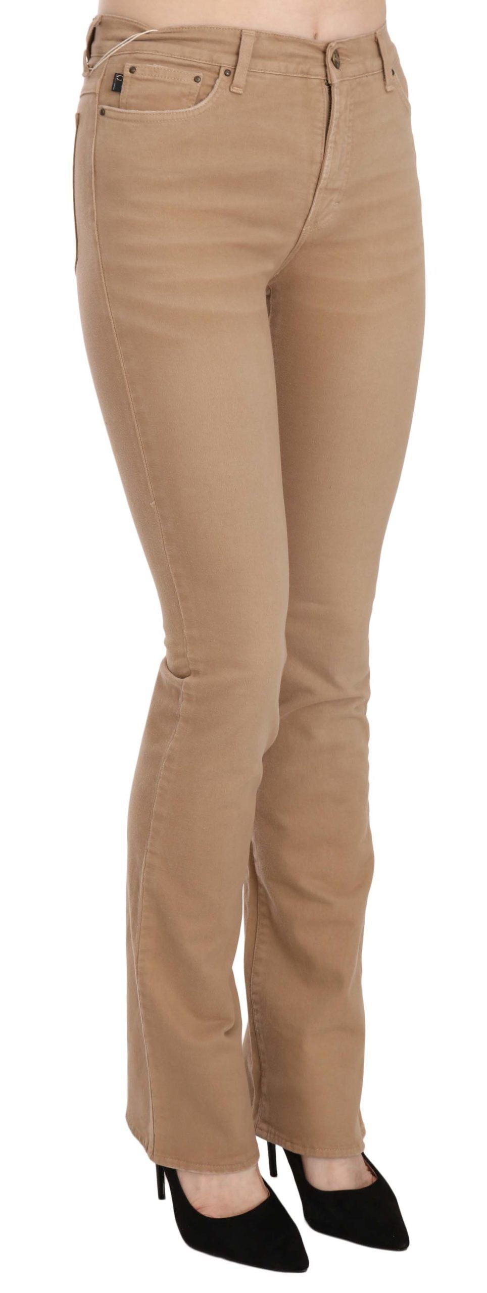 Just Cavalli Brown Mid Waist Skinny Trousers – Cotton Stretch, Zipper Closure, Logo Detail, Made in Italy (W24)