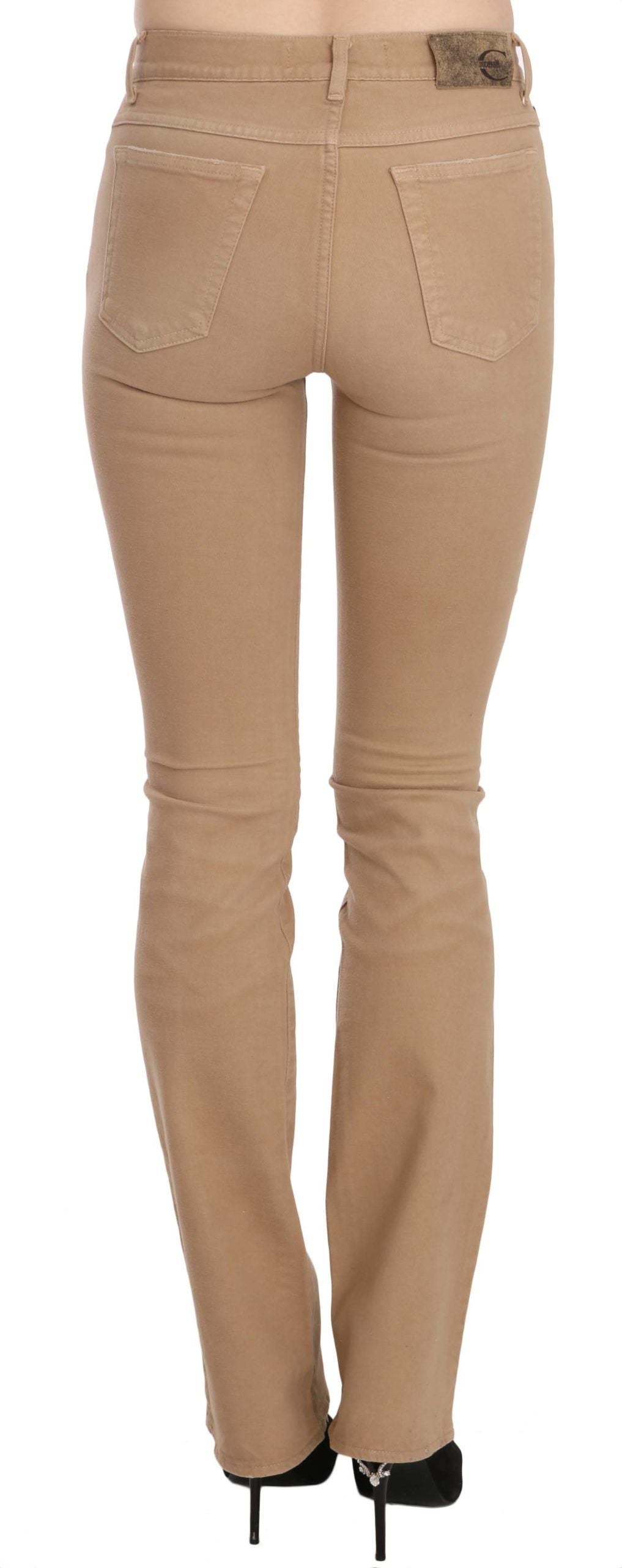 Just Cavalli Brown Mid Waist Skinny Trousers – Cotton Stretch, Zipper Closure, Logo Detail, Made in Italy (W24)