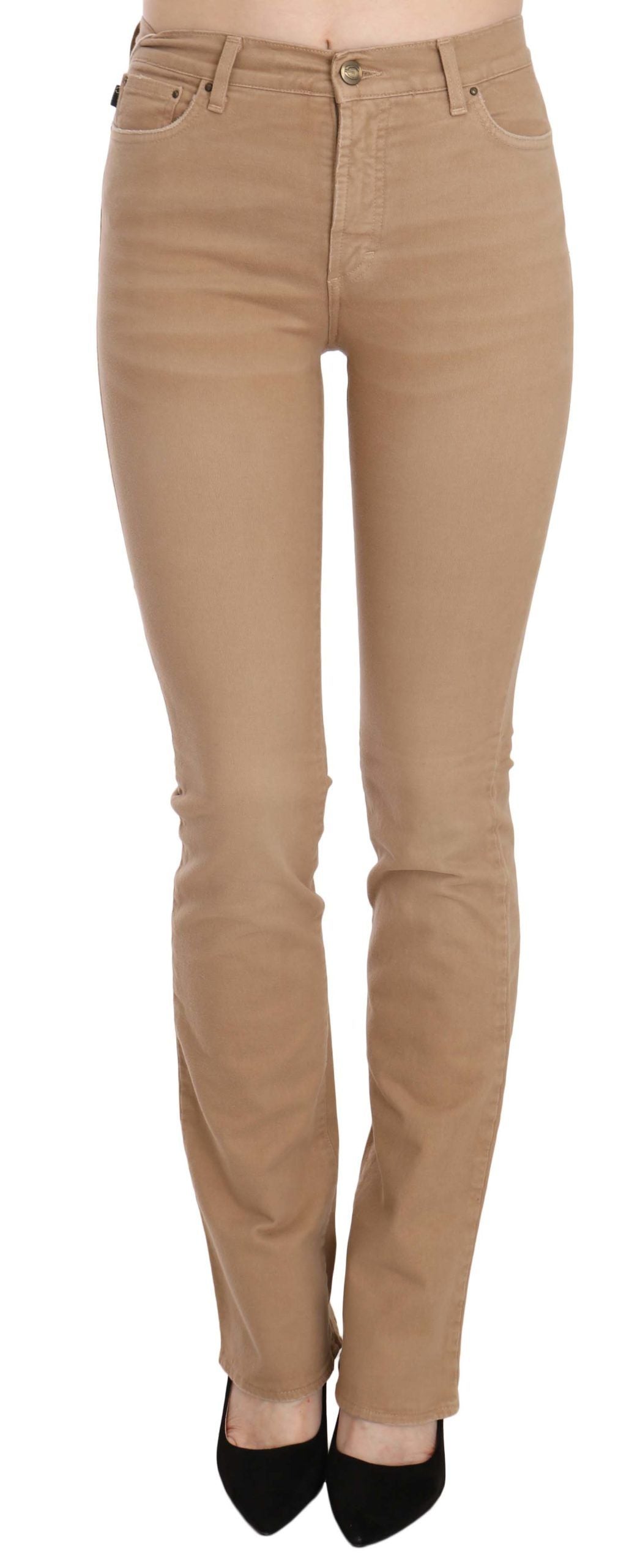 Just Cavalli Brown Mid Waist Skinny Trousers – Cotton Stretch, Zipper Closure, Logo Detail, Made in Italy (W24)