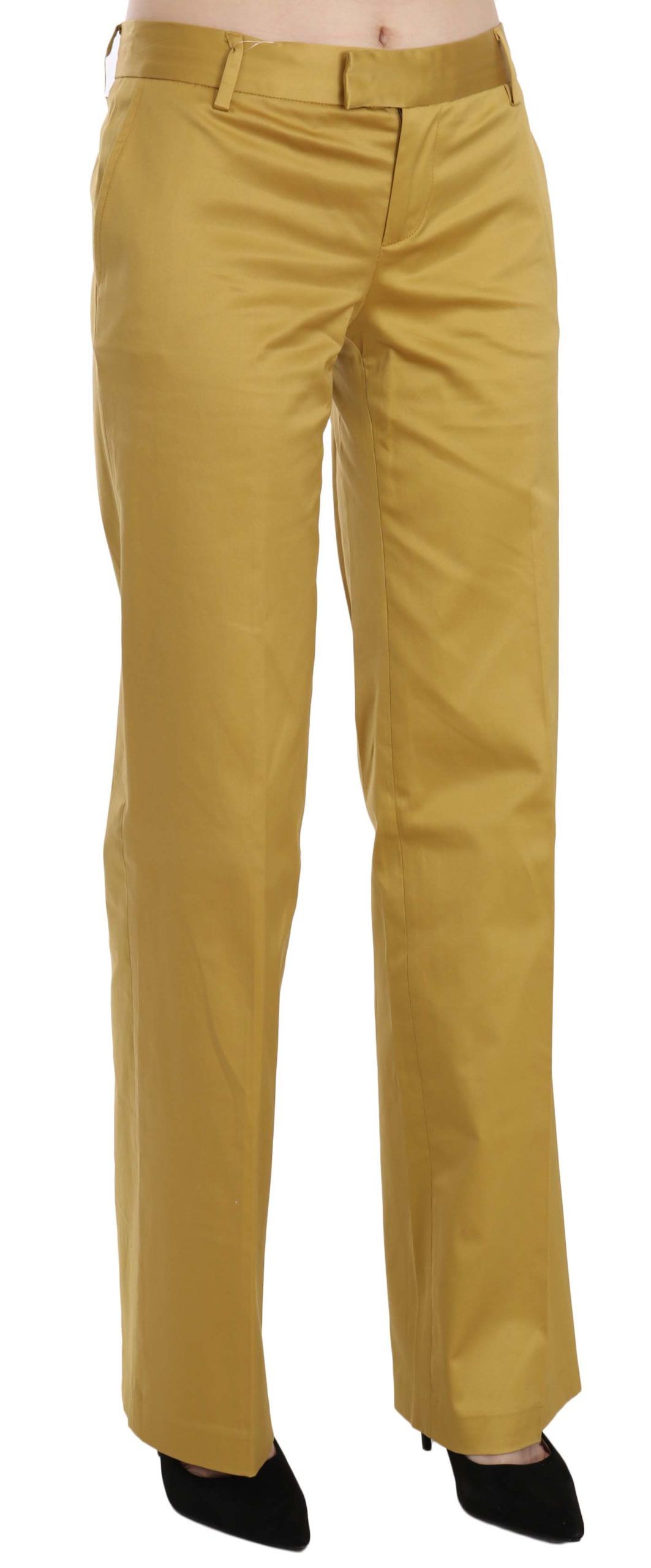 Just Cavalli Mustard Yellow Mid Waist Straight Formal Trousers – Cotton Stretch, Zipper Closure, Logo Detail (IT40 / S)
