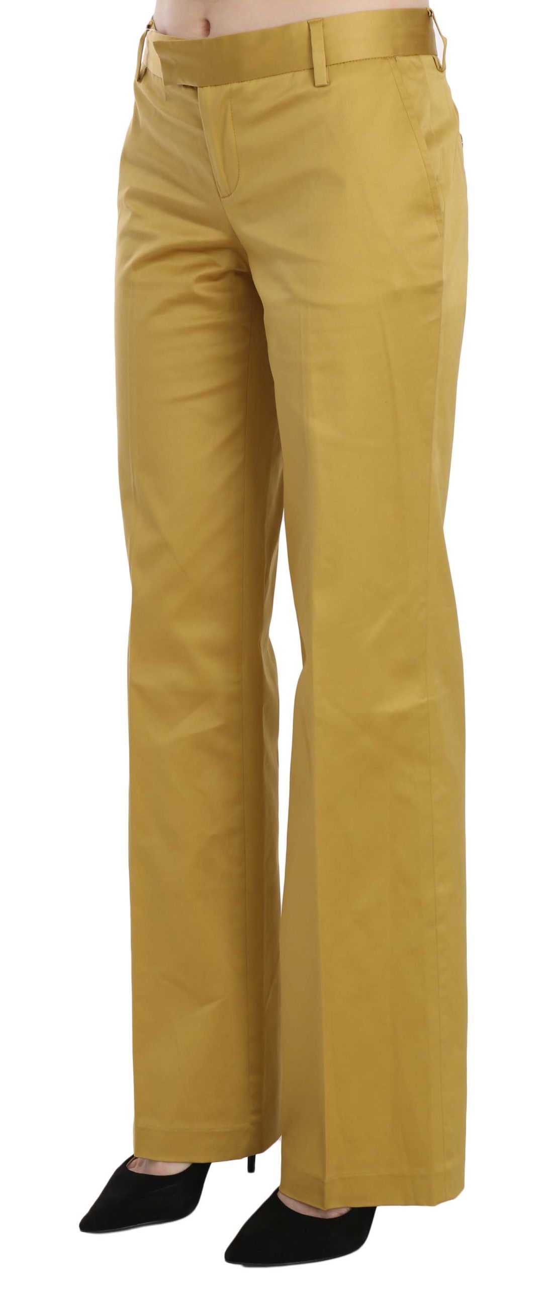 Just Cavalli Mustard Yellow Mid Waist Straight Formal Trousers – Cotton Stretch, Zipper Closure, Logo Detail (IT40 / S)