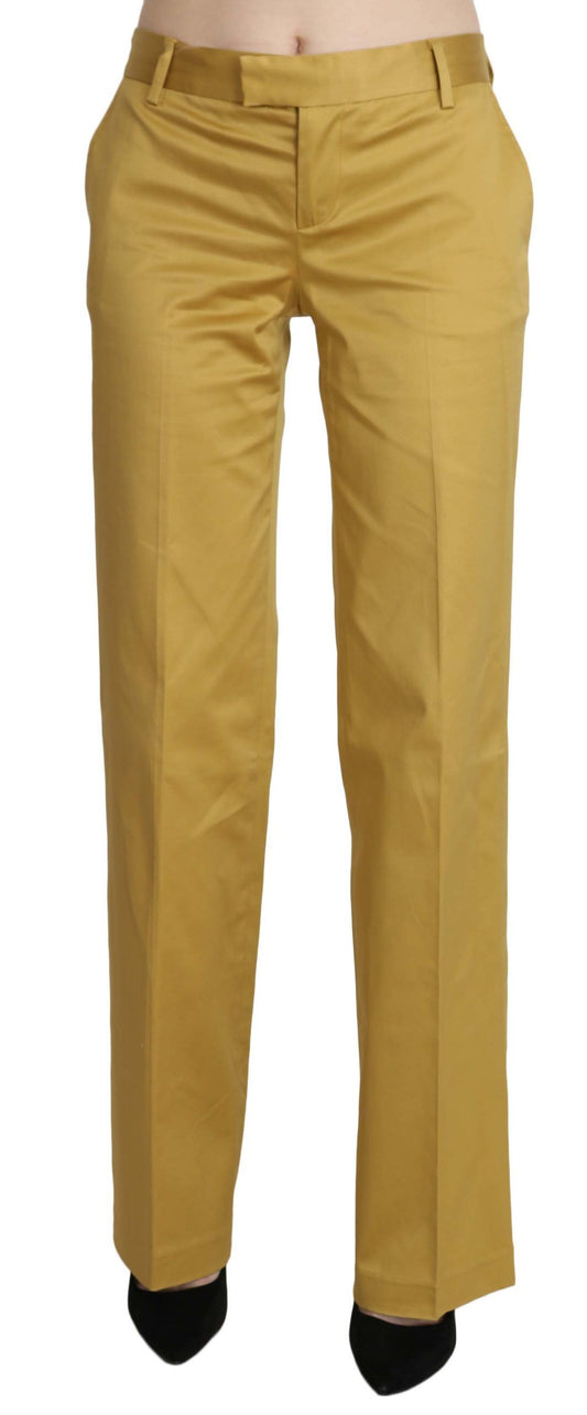 Just Cavalli Mustard Yellow Mid Waist Straight Formal Trousers – Cotton Stretch, Zipper Closure, Logo Detail (IT40 / S)