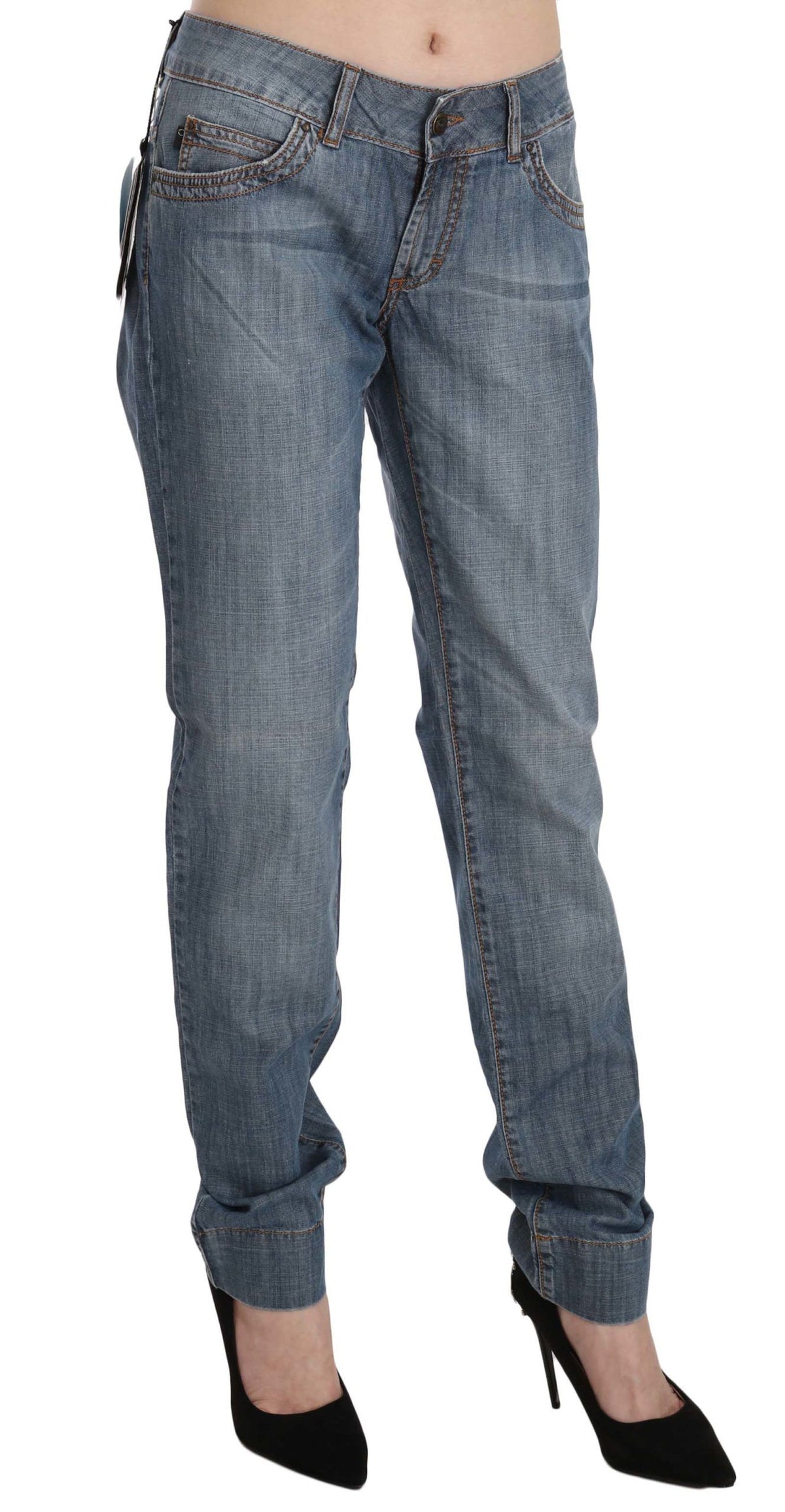 Just Cavalli Blue Washed Low Waist Slim Fit Denim Jeans – 100% Cotton, Zipper Closure, Logo Detail, Made in Italy (W31)