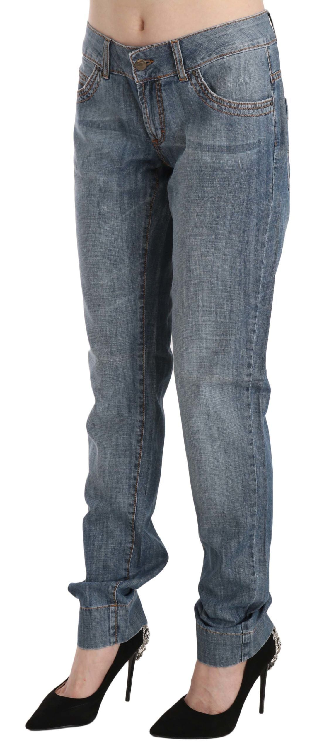 Just Cavalli Blue Washed Low Waist Slim Fit Denim Jeans – 100% Cotton, Zipper Closure, Logo Detail, Made in Italy (W31)