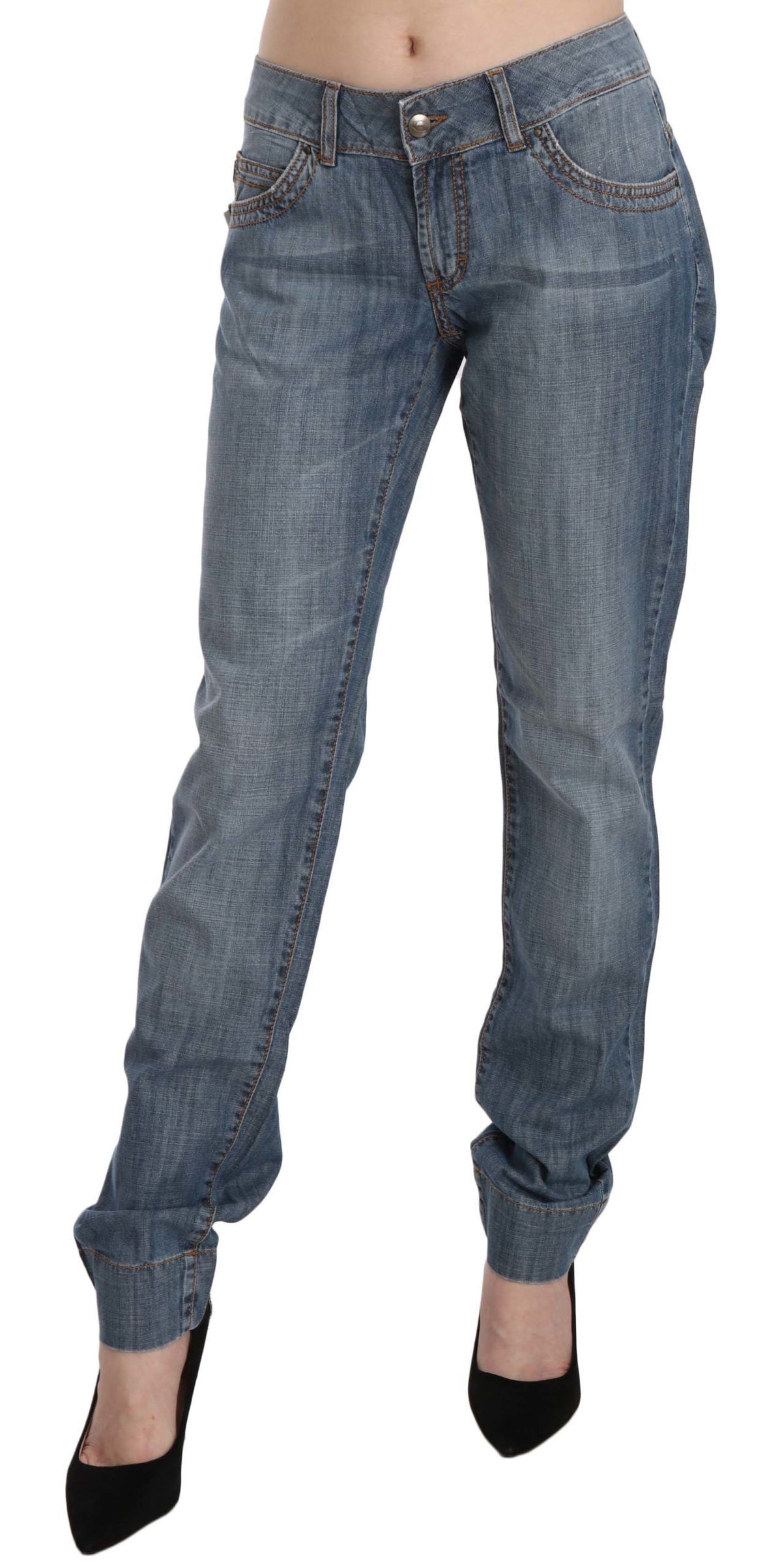 Just Cavalli Blue Washed Low Waist Slim Fit Denim Jeans – 100% Cotton, Zipper Closure, Logo Detail, Made in Italy (W31)