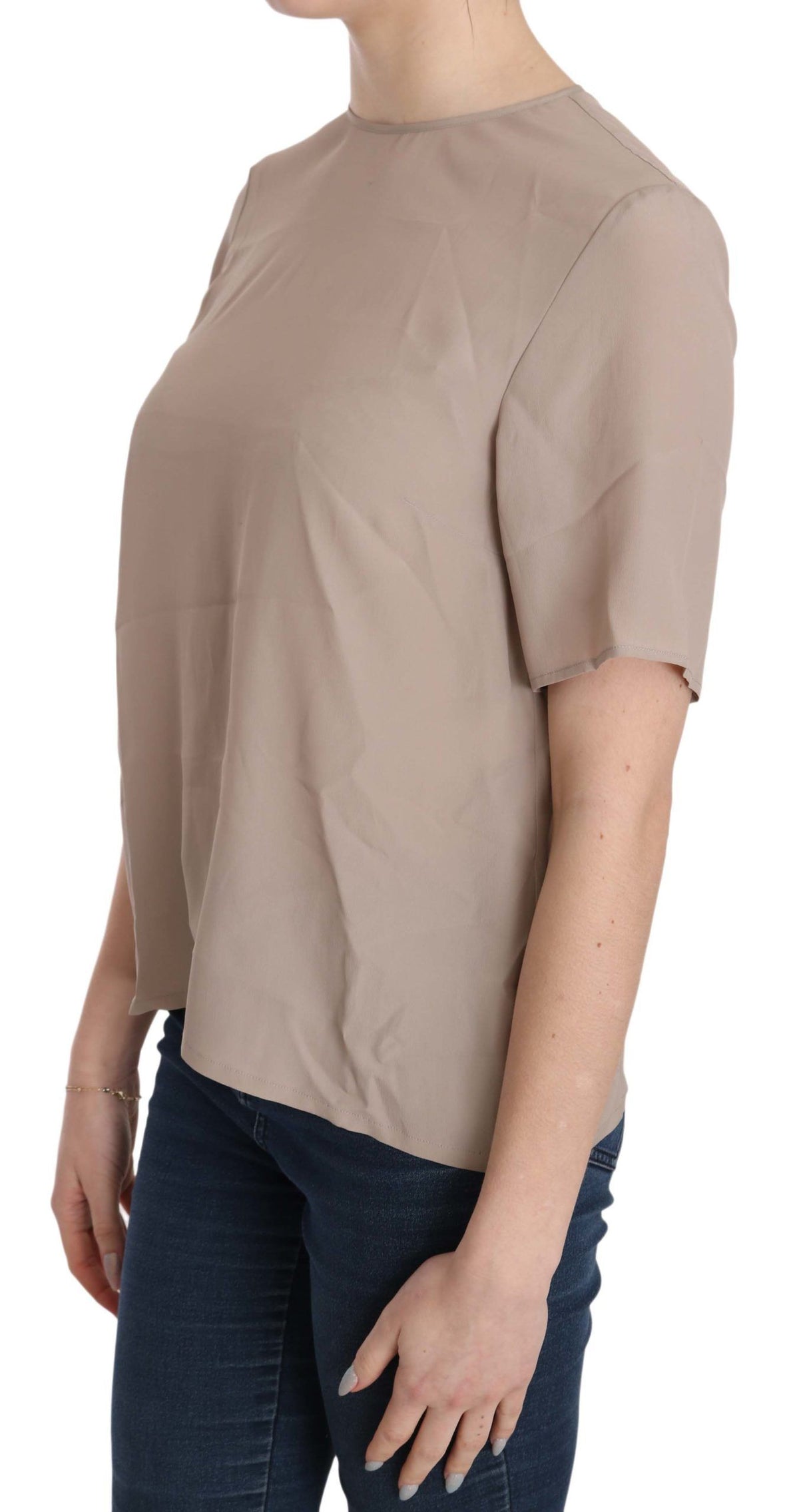 Dolce & Gabbana Beige Crew Neck Short Sleeve Blouse – Acetate Silk Blend, Logo Detail, Made in Italy (IT40 / S)
