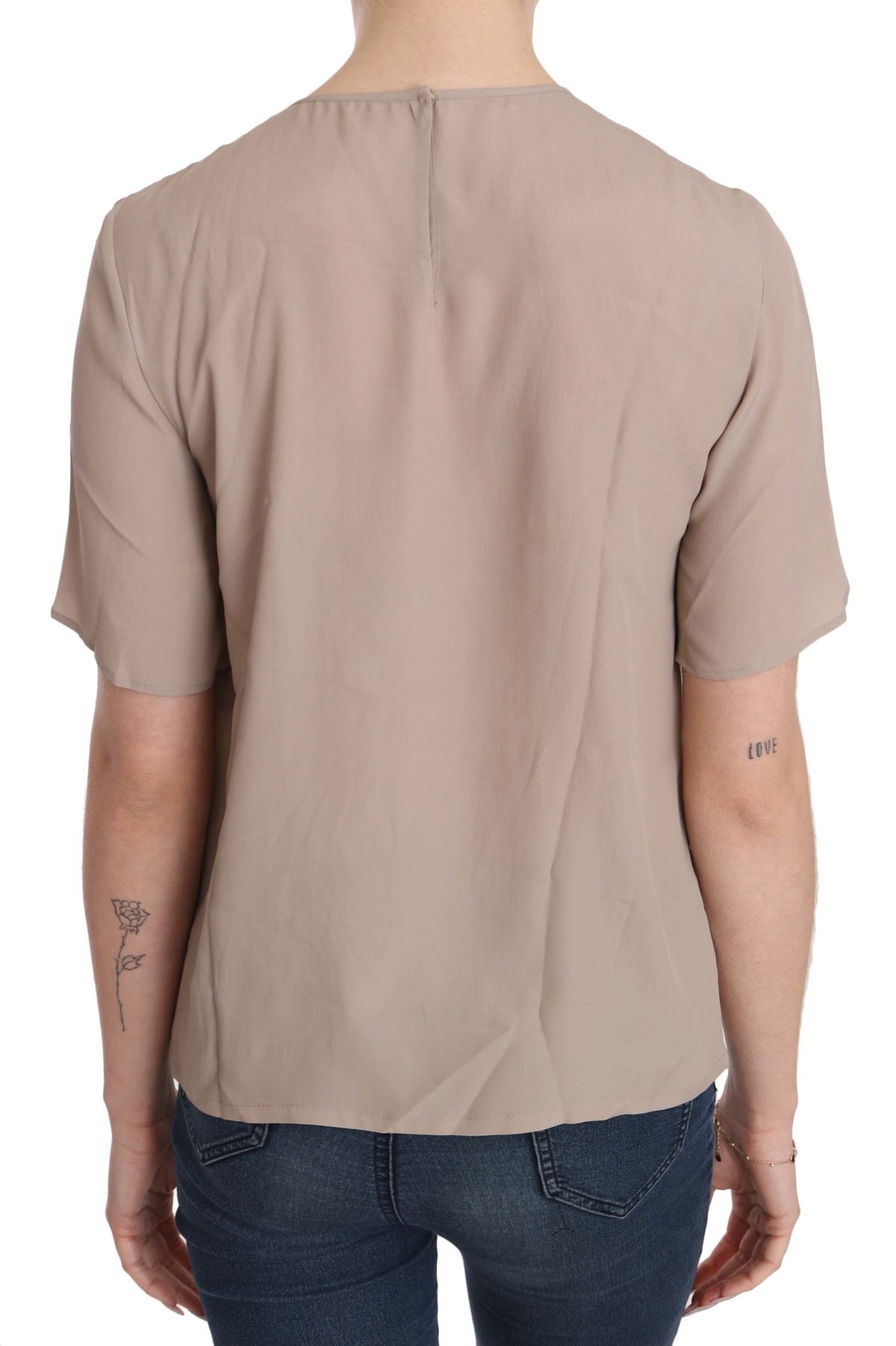Dolce & Gabbana Beige Crew Neck Short Sleeve Blouse – Acetate Silk Blend, Logo Detail, Made in Italy (IT40 / S)