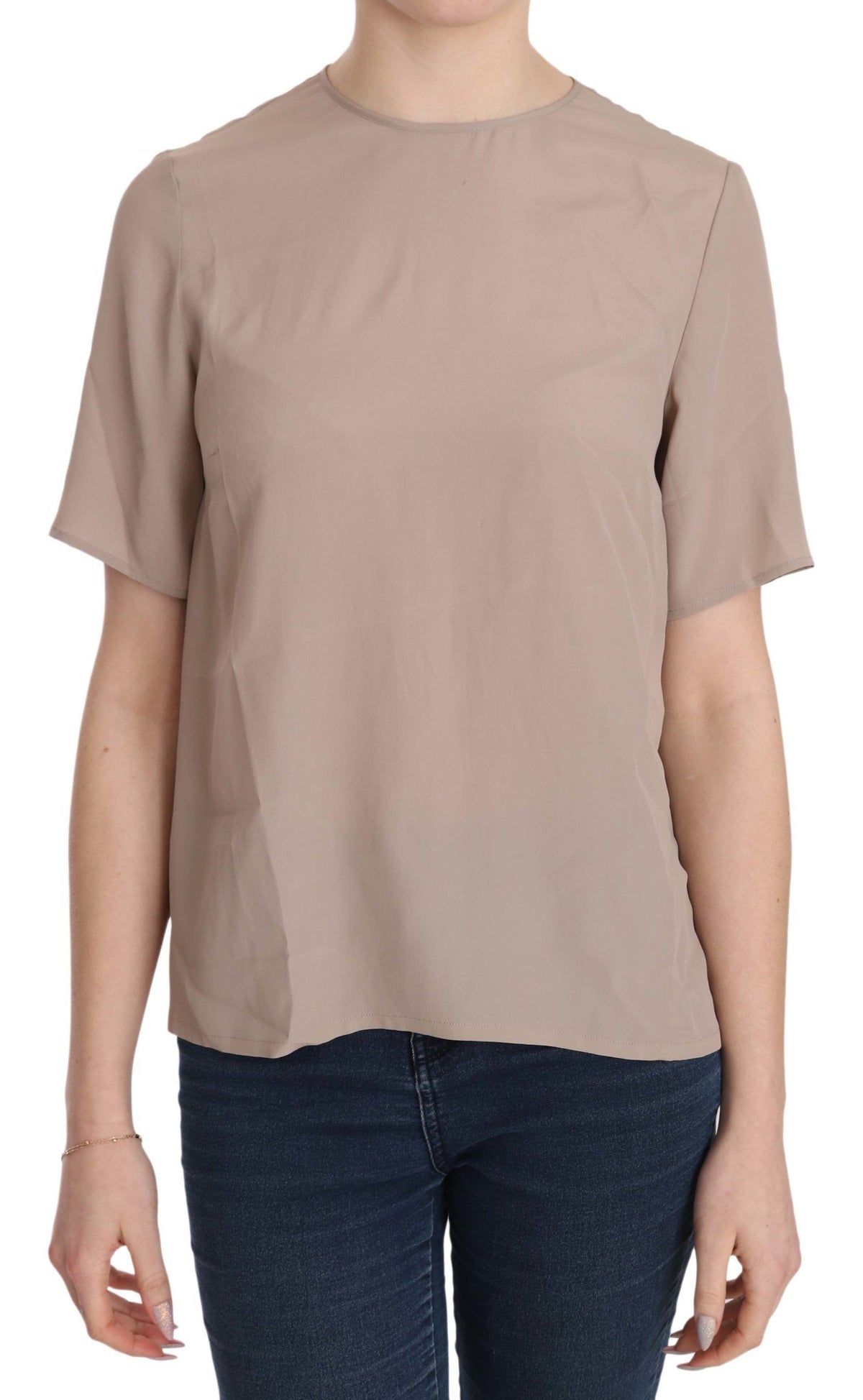Dolce & Gabbana Beige Crew Neck Short Sleeve Blouse – Acetate Silk Blend, Logo Detail, Made in Italy (IT40 / S)