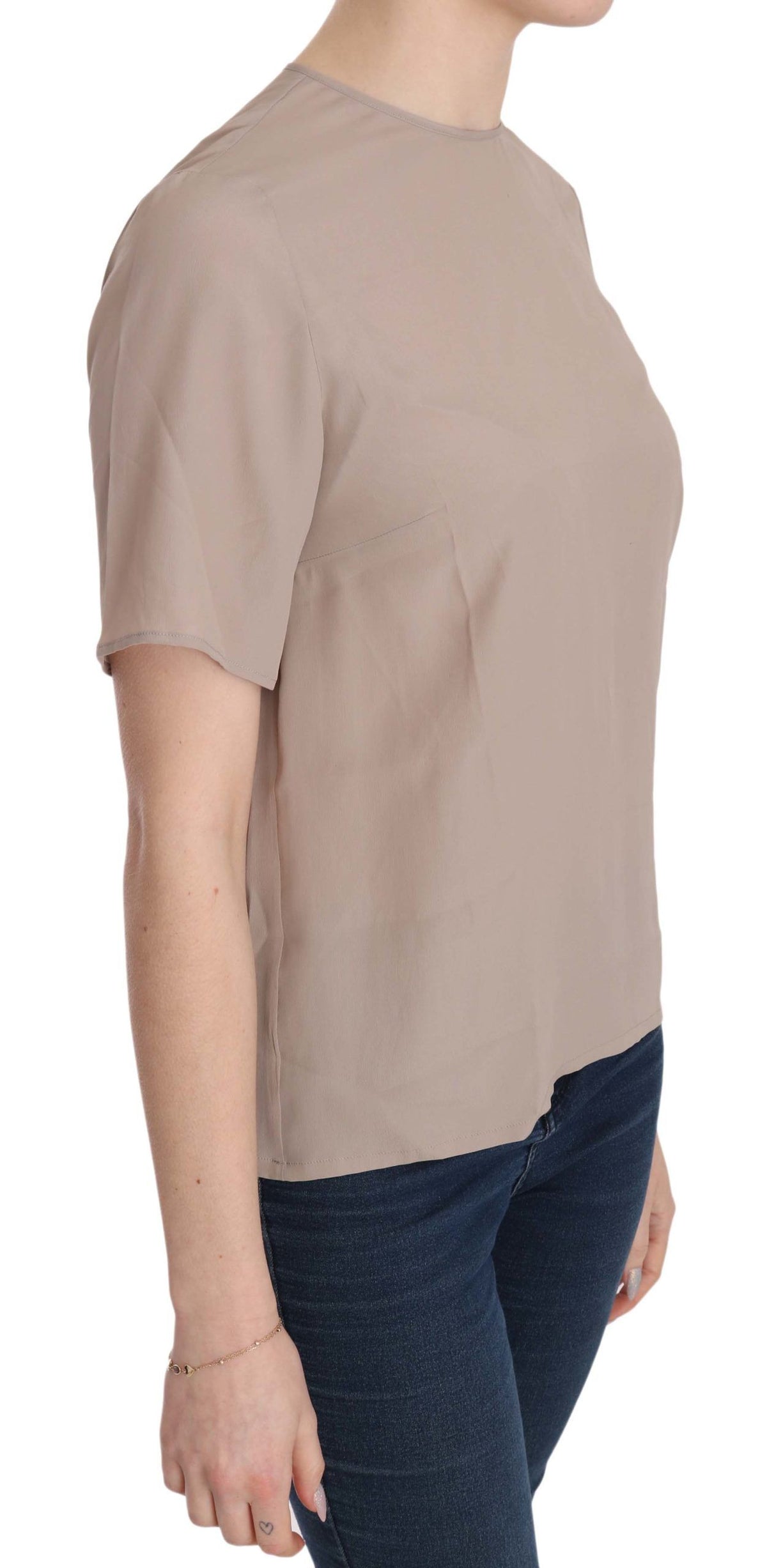 Dolce & Gabbana Beige Crew Neck Short Sleeve Blouse – Acetate Silk Blend, Logo Detail, Made in Italy (IT40 / S)