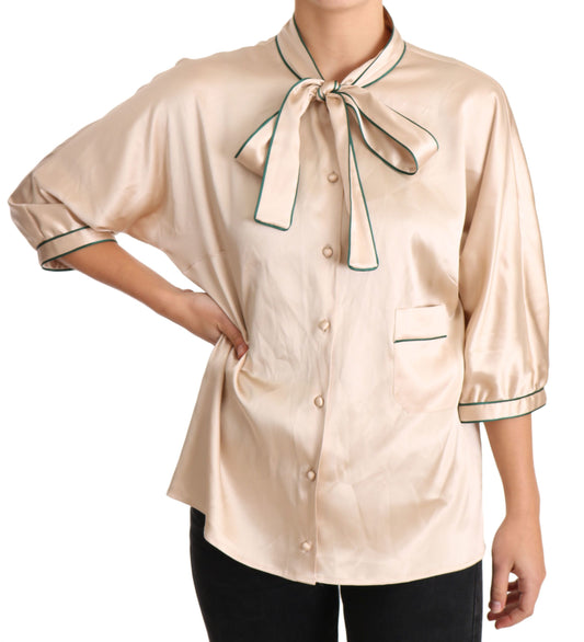 Dolce & Gabbana Beige Crew Neck 3/4 Sleeve Silk Blouse – Button Closure, Pocket, Logo Detail, Made in Italy (IT48 / XXL)