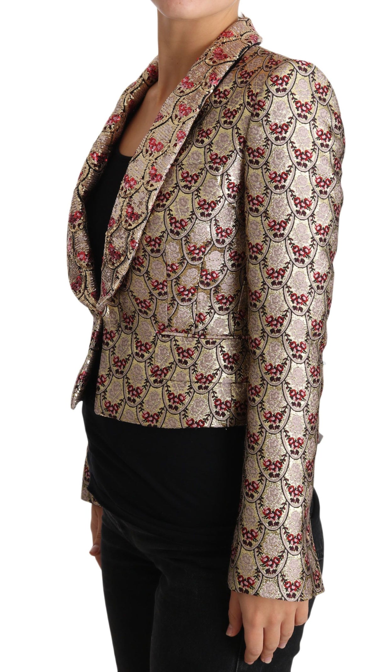 Dolce & Gabbana Gold Floral Sequined Blazer – Red Silk Lining | Made in Italy