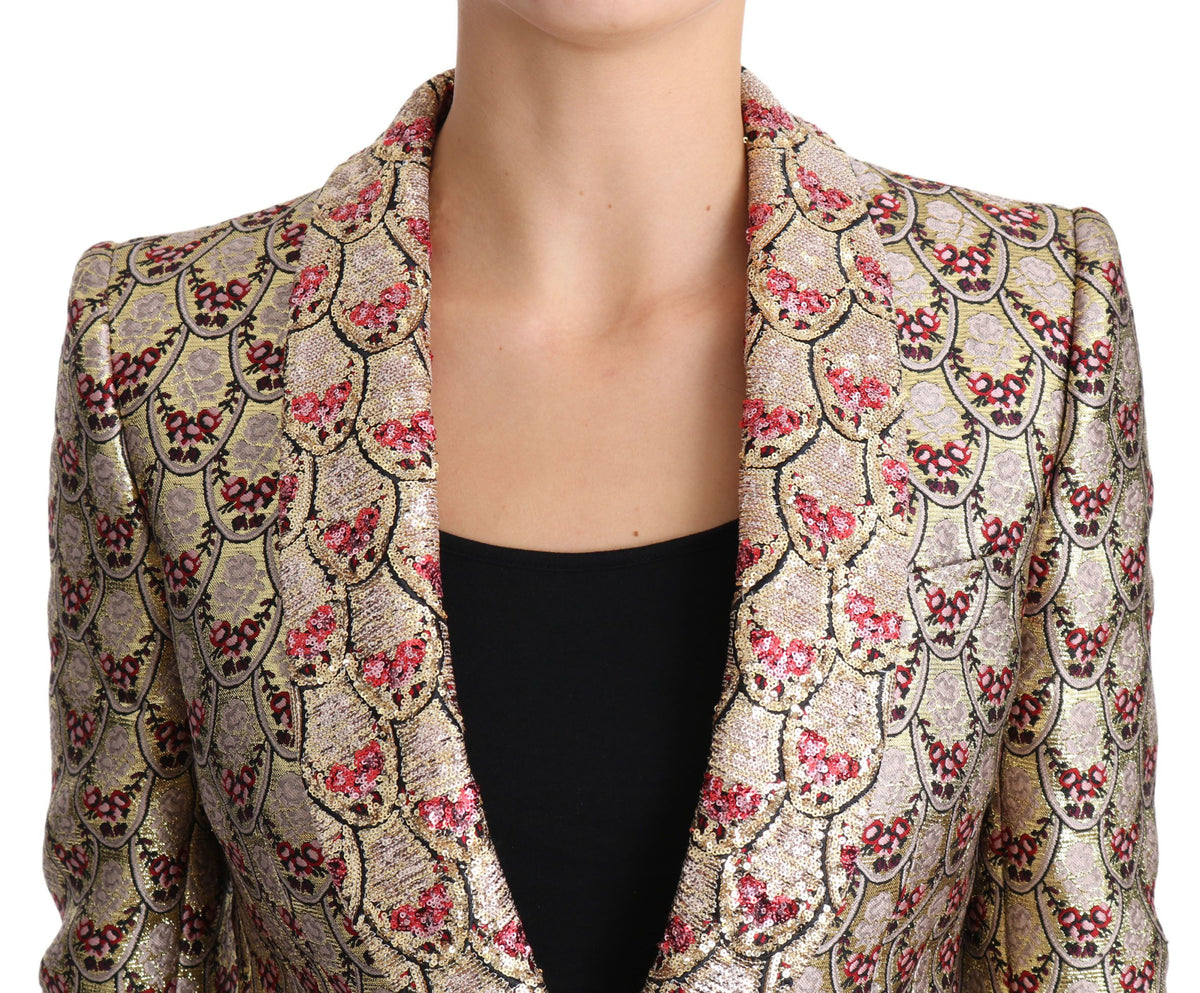 Dolce & Gabbana Gold Floral Sequined Blazer – Red Silk Lining | Made in Italy