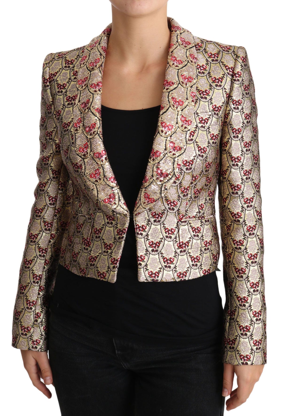 Dolce & Gabbana Gold Floral Sequined Blazer – Red Silk Lining | Made in Italy