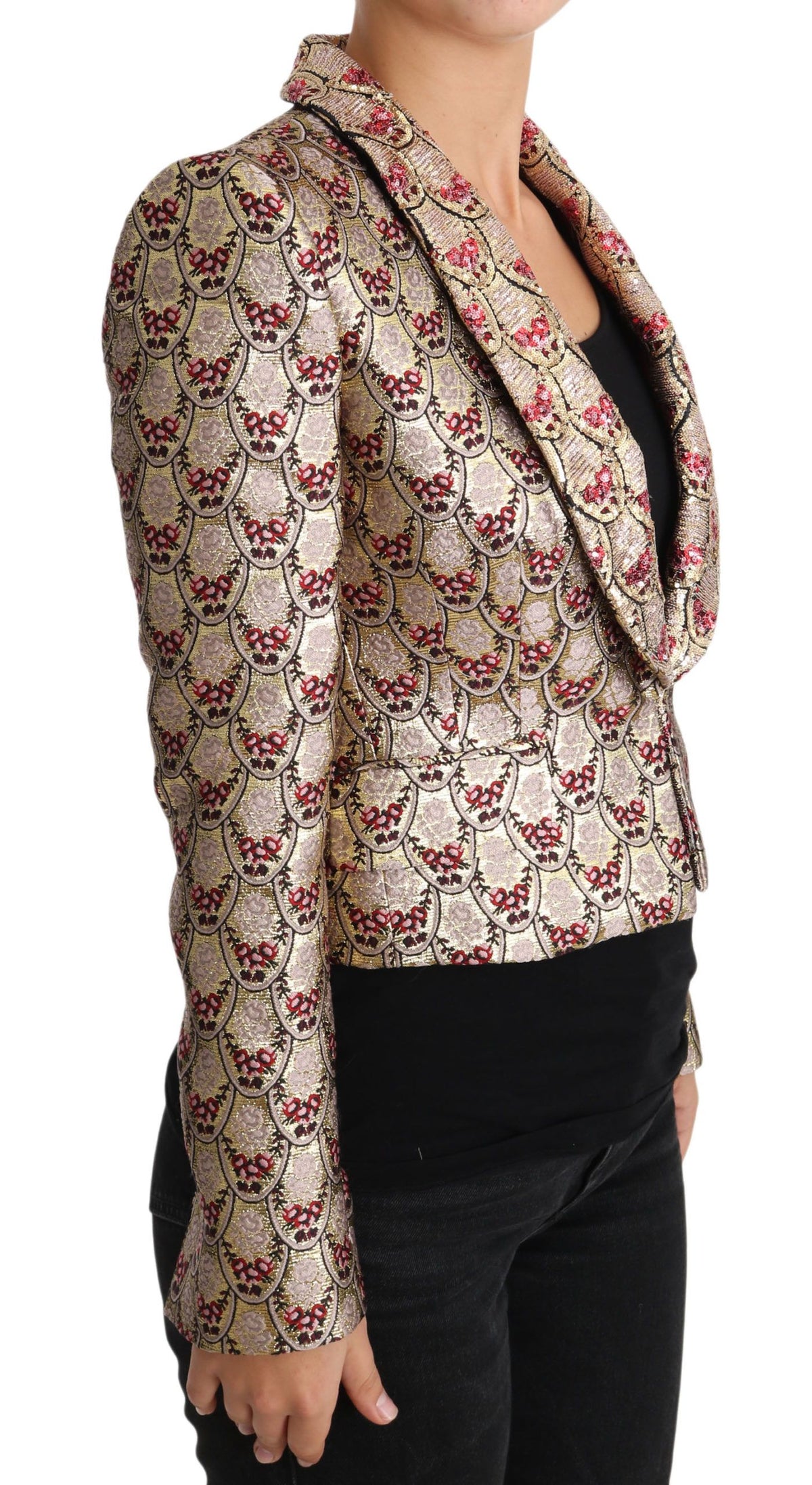 Dolce & Gabbana Gold Floral Sequined Blazer – Red Silk Lining | Made in Italy