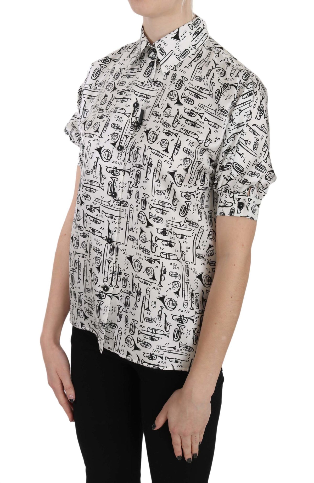 Dolce & Gabbana Silk Blouse – White Trumpet Print Button-Front Top