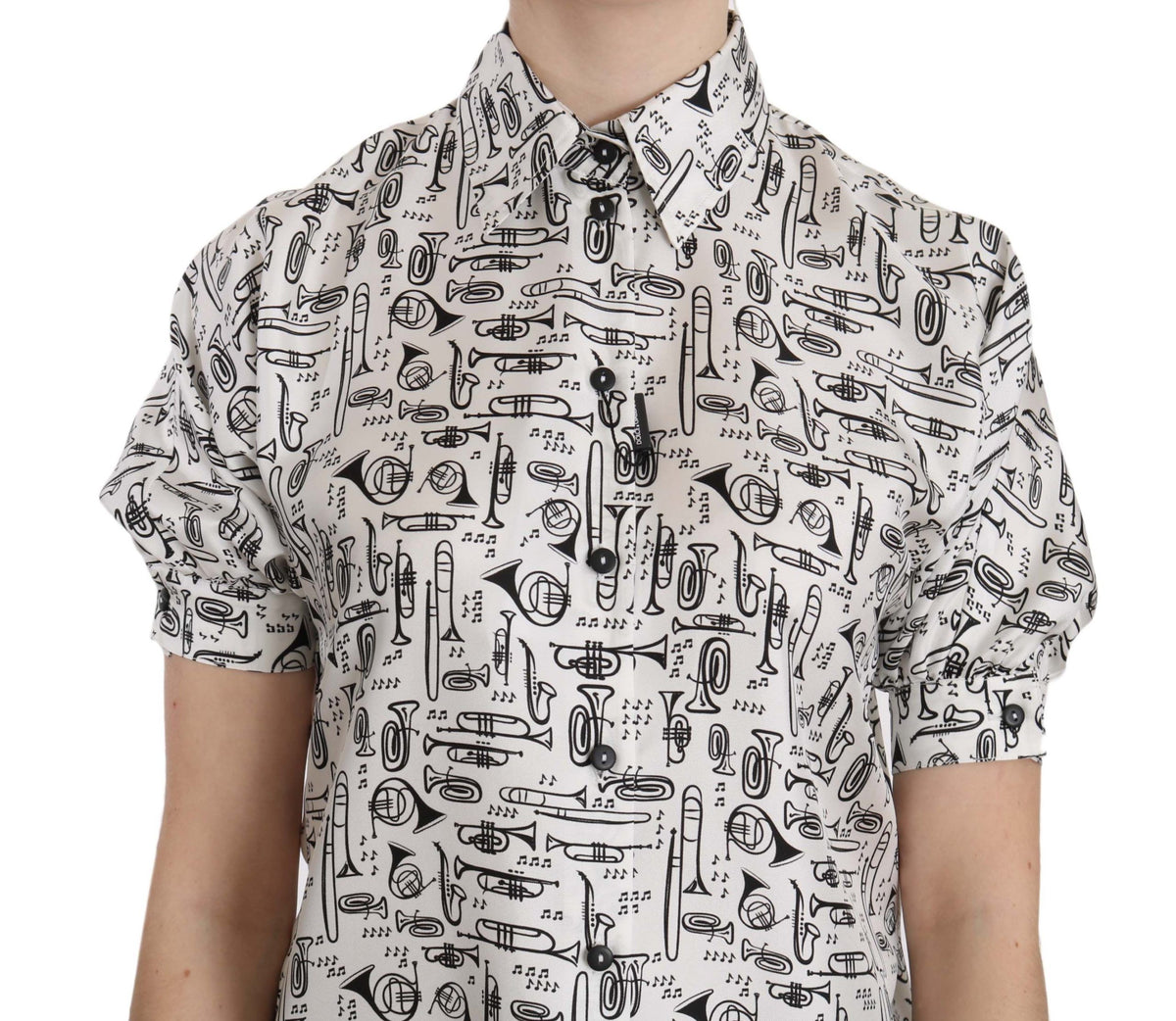Dolce & Gabbana Silk Blouse – White Trumpet Print Button-Front Top