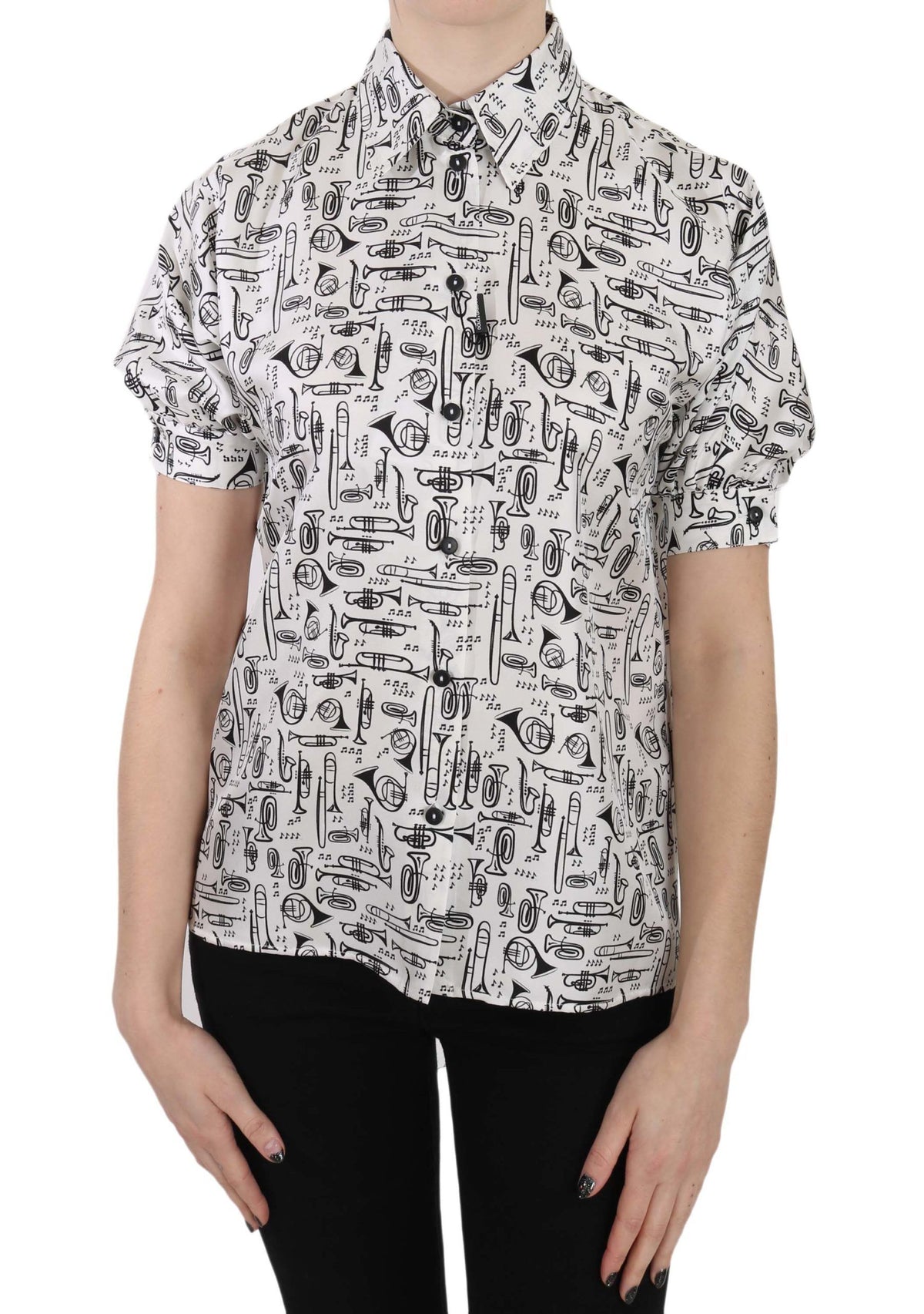 Dolce & Gabbana Silk Blouse – White Trumpet Print Button-Front Top