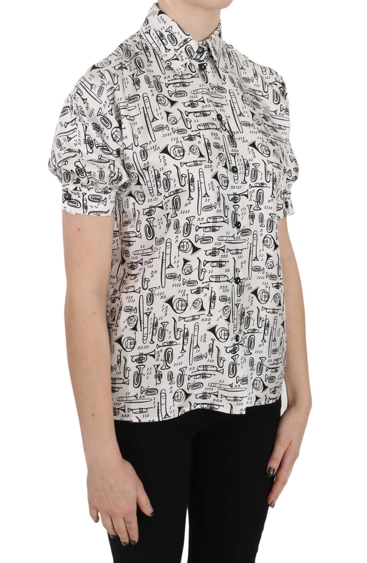 Dolce & Gabbana Silk Blouse – White Trumpet Print Button-Front Top