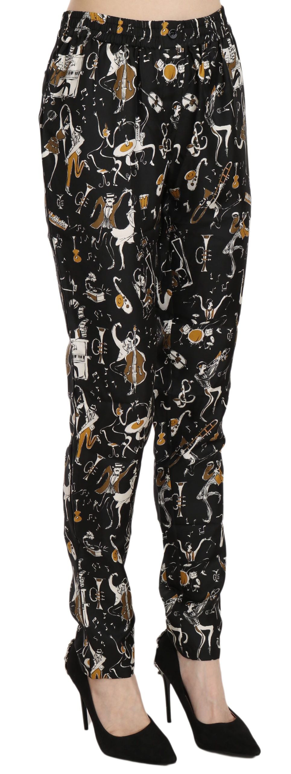 Dolce & Gabbana Silk Tapered Pants – Black Jazz Club Print