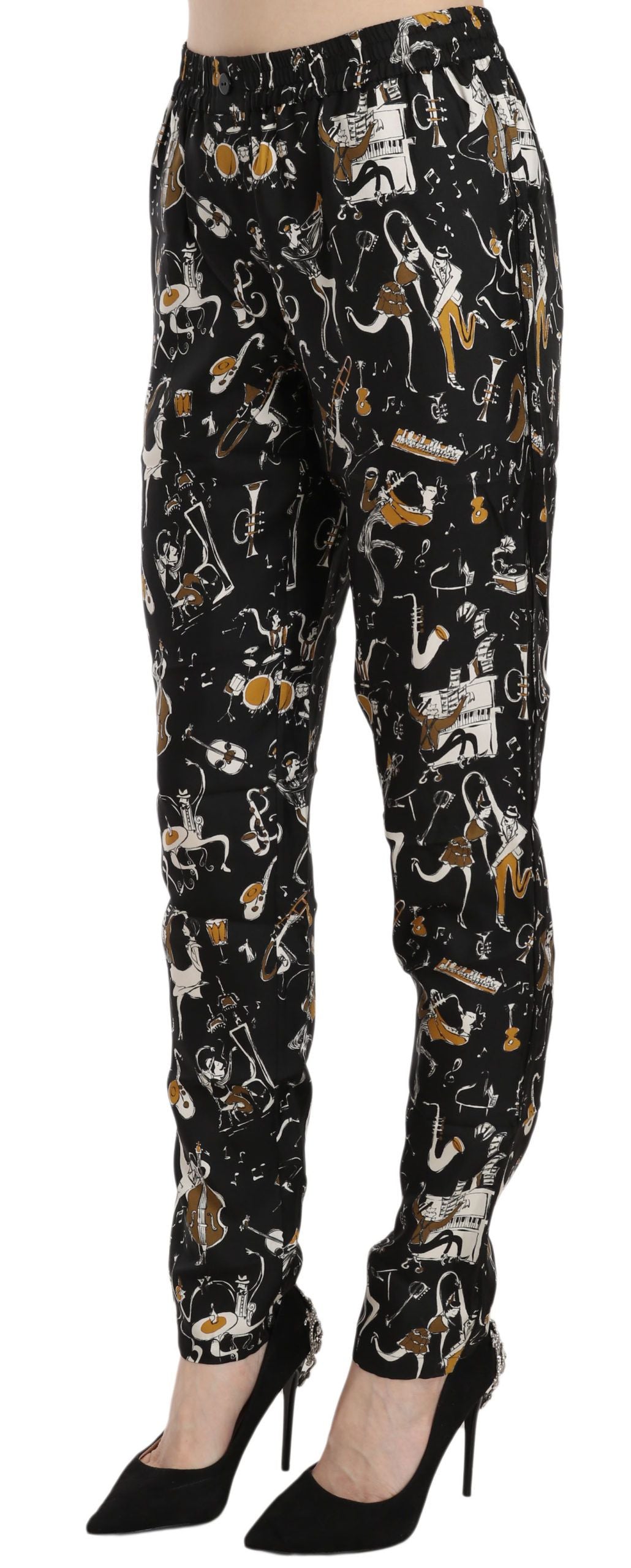 Dolce & Gabbana Silk Tapered Pants – Black Jazz Club Print