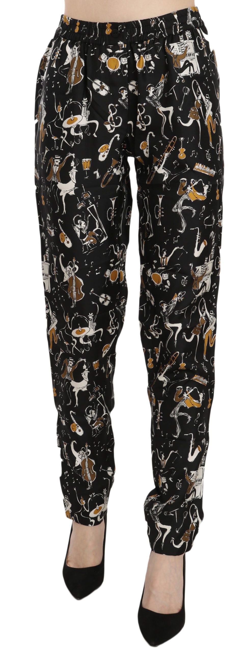 Dolce & Gabbana Silk Tapered Pants – Black Jazz Club Print