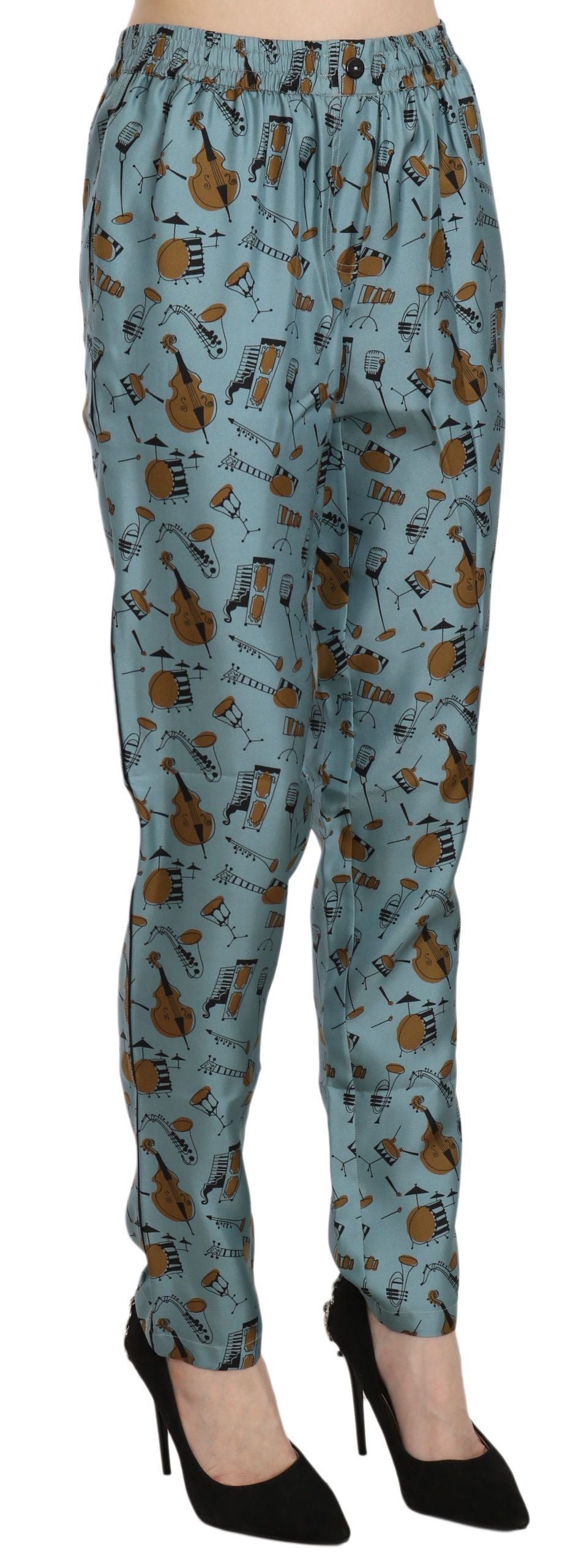 Dolce & Gabbana Silk Tapered Pants – Blue Musical Instruments Print