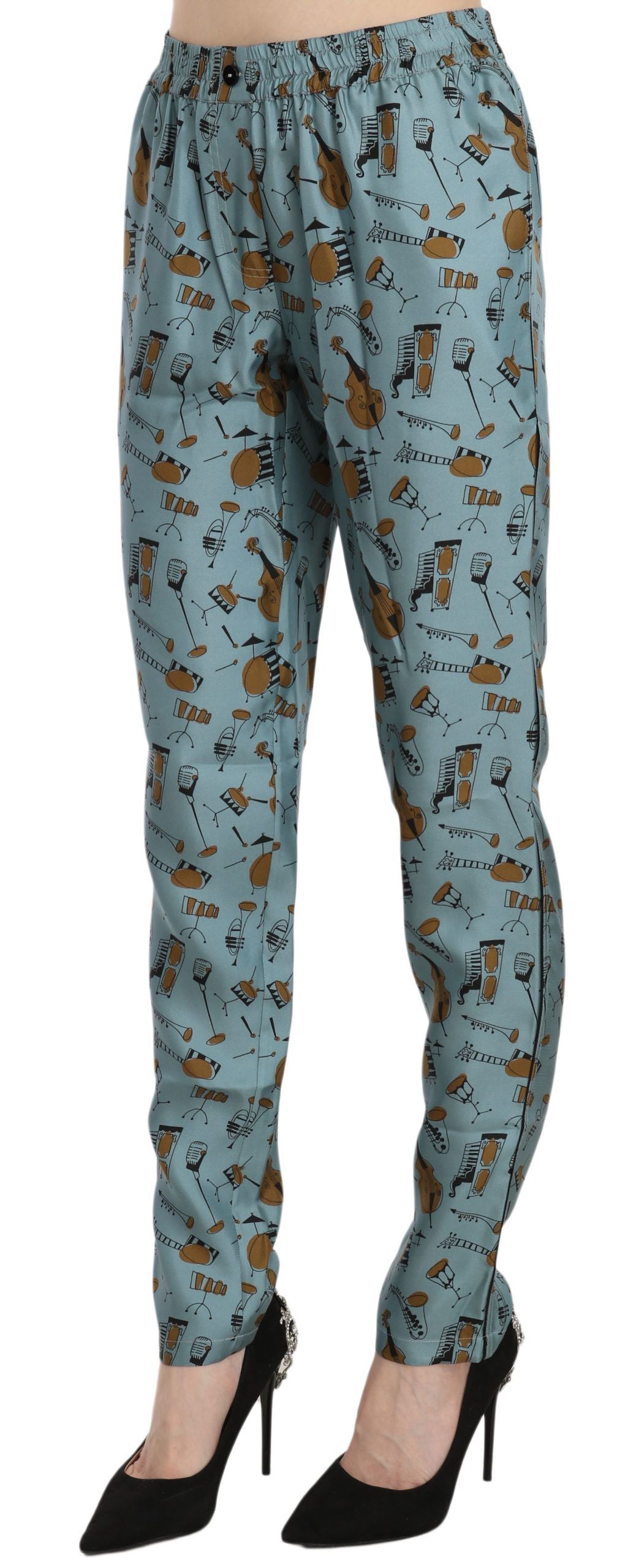 Dolce & Gabbana Silk Tapered Pants – Blue Musical Instruments Print