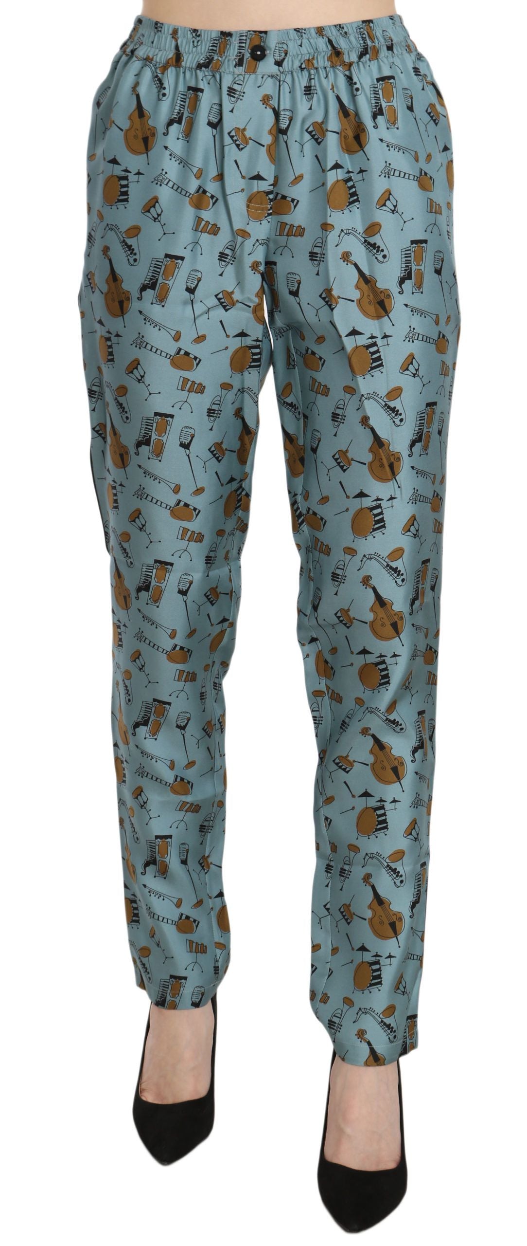 Dolce & Gabbana Silk Tapered Pants – Blue Musical Instruments Print