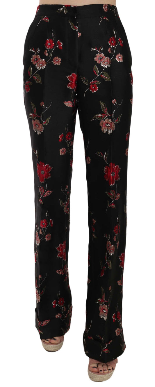 Dolce And Gabbana Floral Print Black Silk Blend Boot Cut Trousers Made In Italy