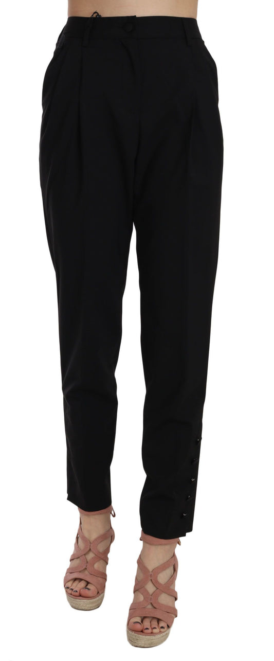 Dolce And Gabbana Black Wool Pleated Tapered Trouser Pants Made In Italy