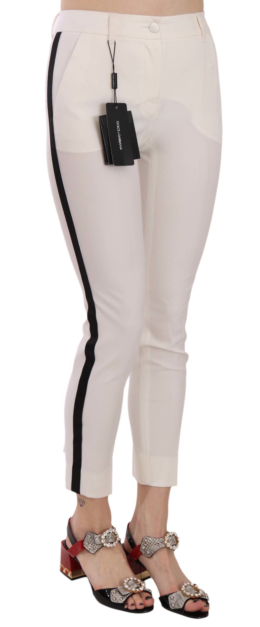 Dolce And Gabbana White Side Stripe Cropped Skinny Wool Blend Pants