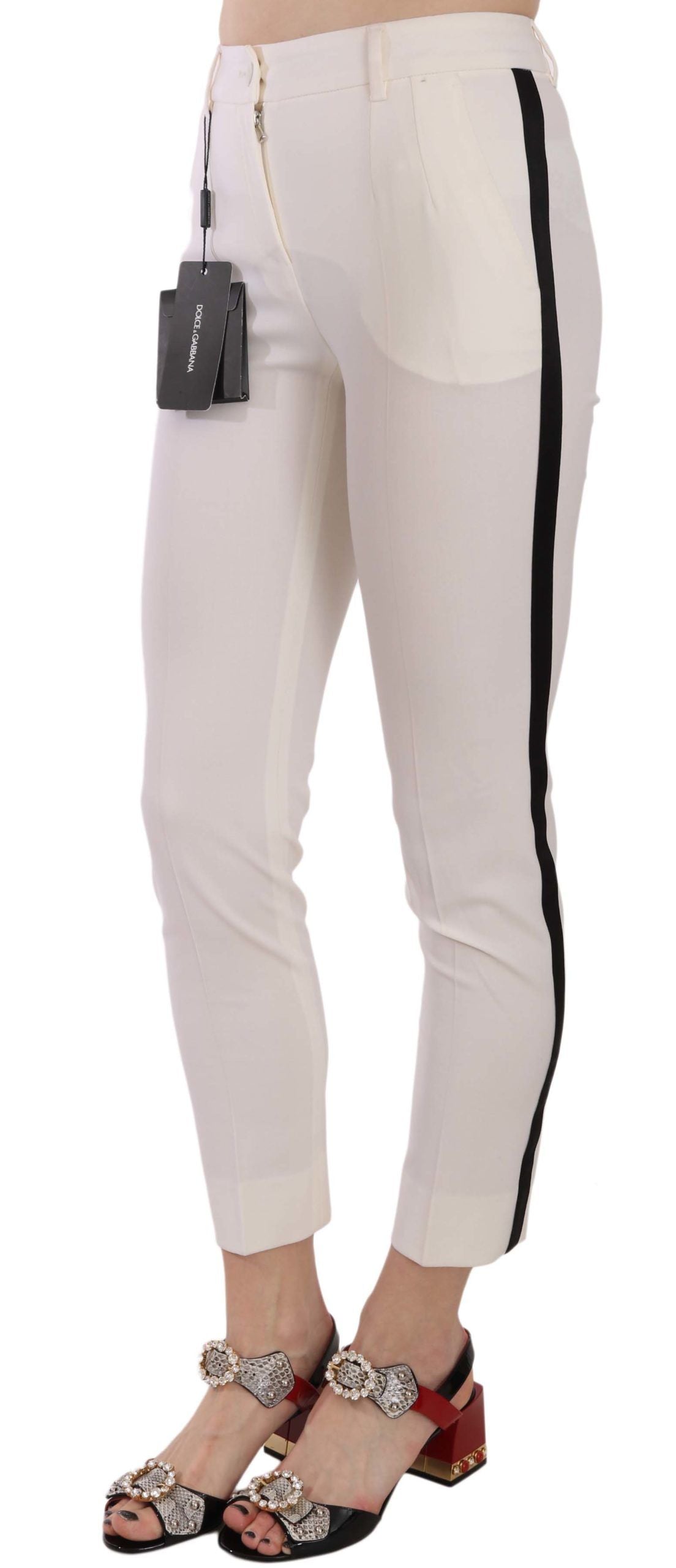 Dolce And Gabbana White Side Stripe Cropped Skinny Wool Blend Pants
