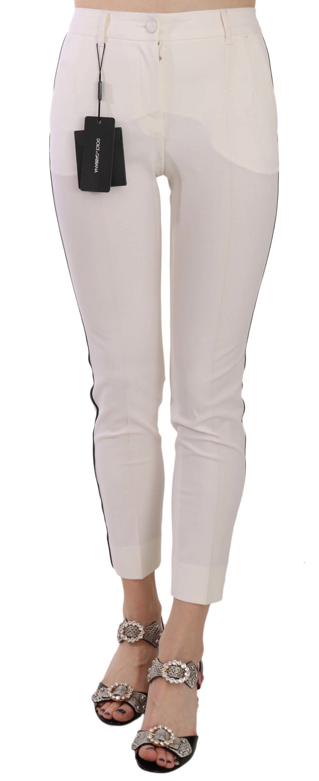 Dolce And Gabbana White Side Stripe Cropped Skinny Wool Blend Pants