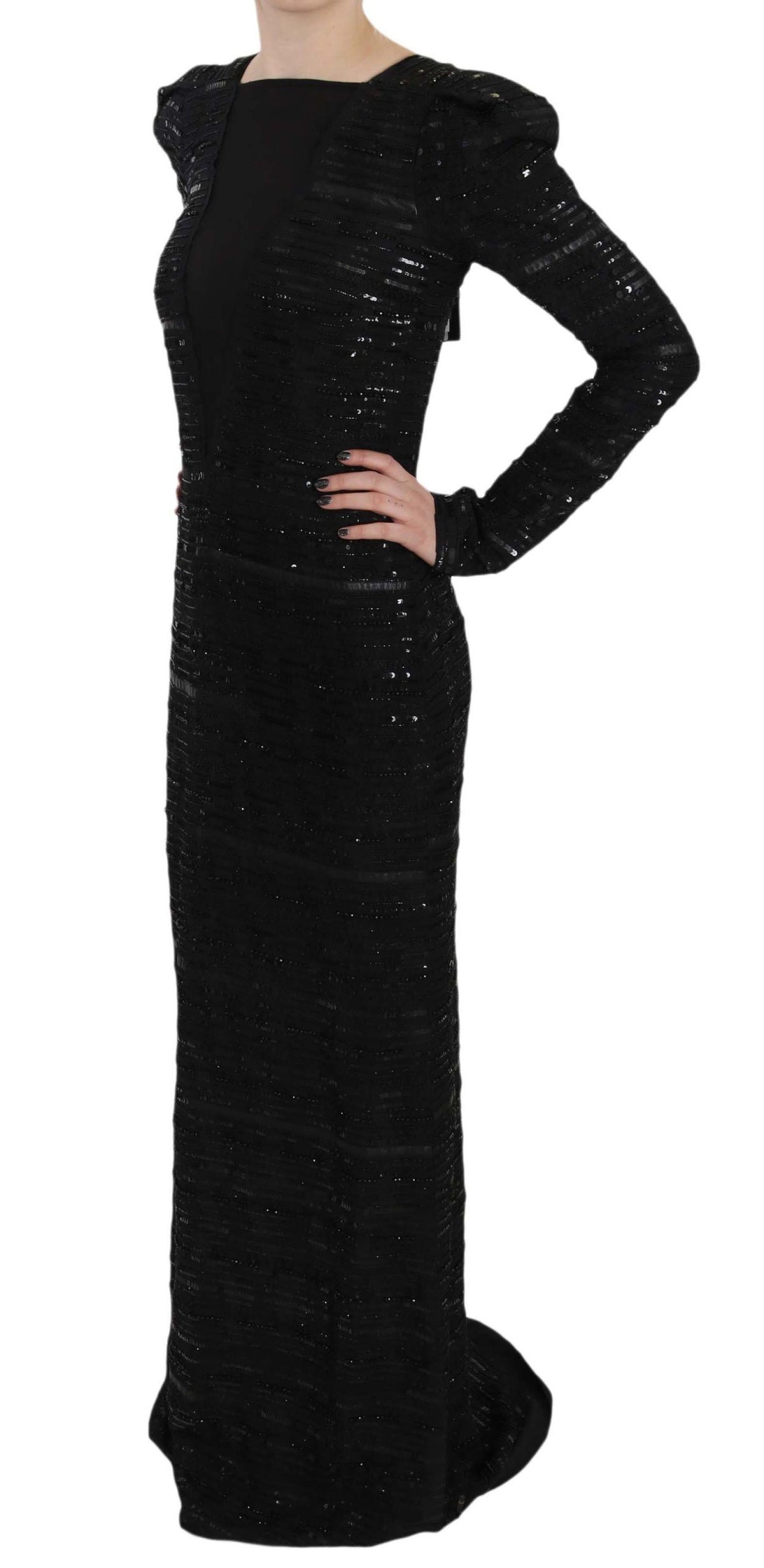 John Richmond Black Silk Sequined Long Sleeve Maxi Gown Dress
