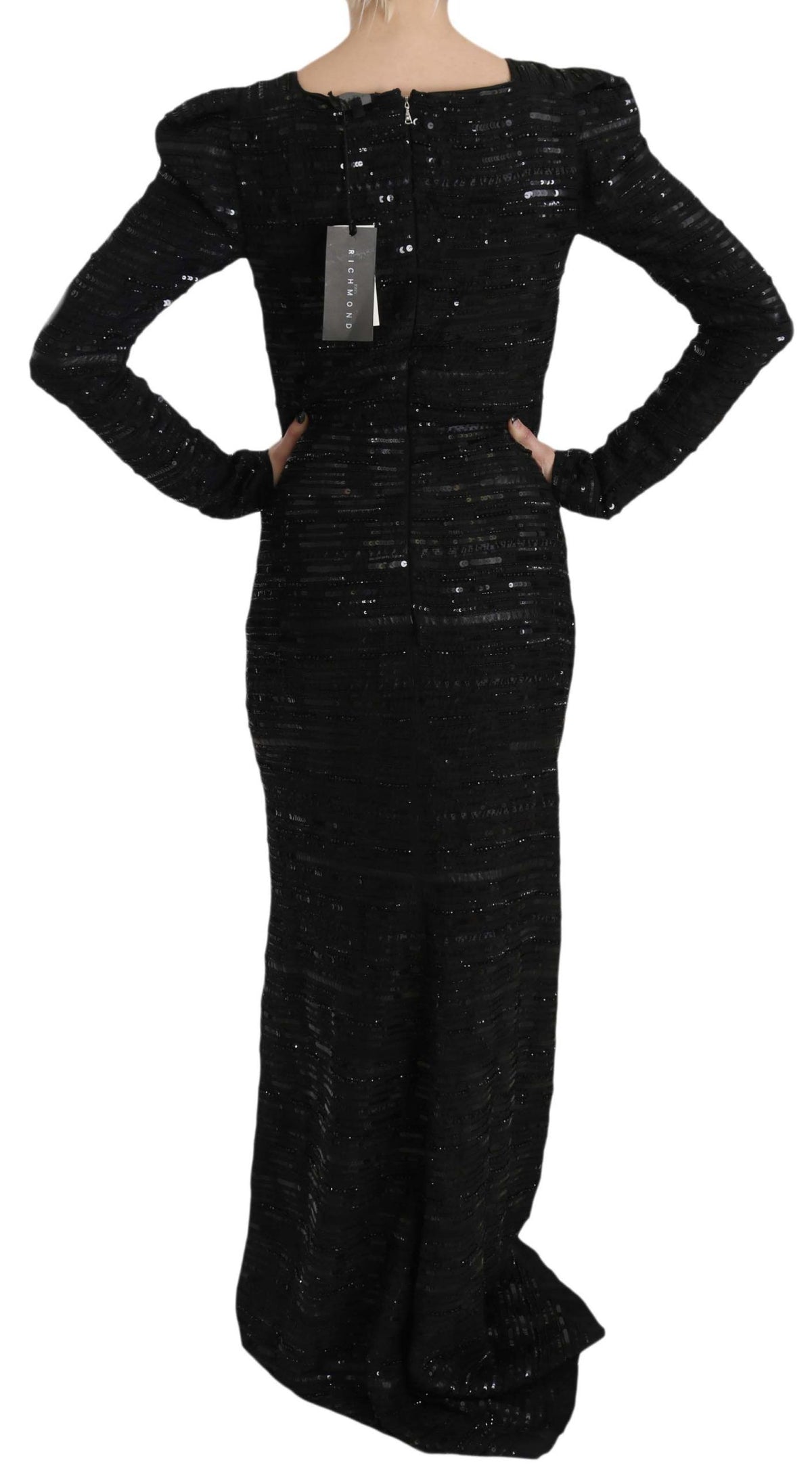 John Richmond Black Silk Sequined Long Sleeve Maxi Gown Dress