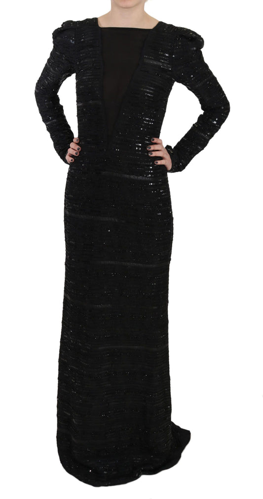 John Richmond Black Silk Sequined Long Sleeve Maxi Gown Dress
