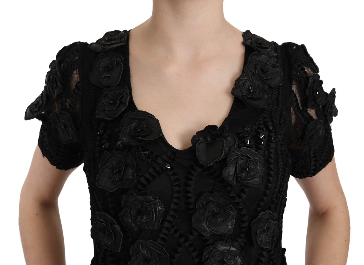 John Richmond Silk & Leather Floral Sheath Dress — Black | Made in Italy