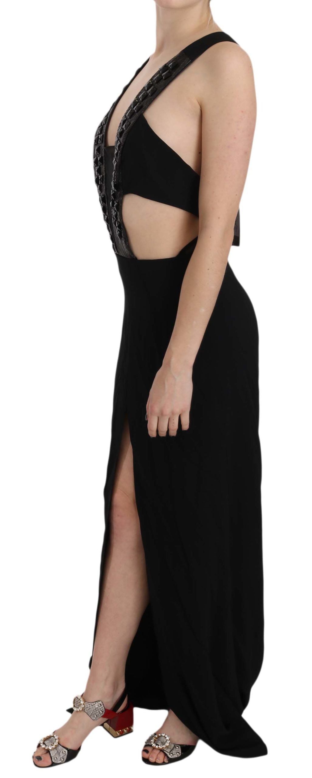 John Richmond Crystal & Leather Flare Gown — Black | Made in Italy