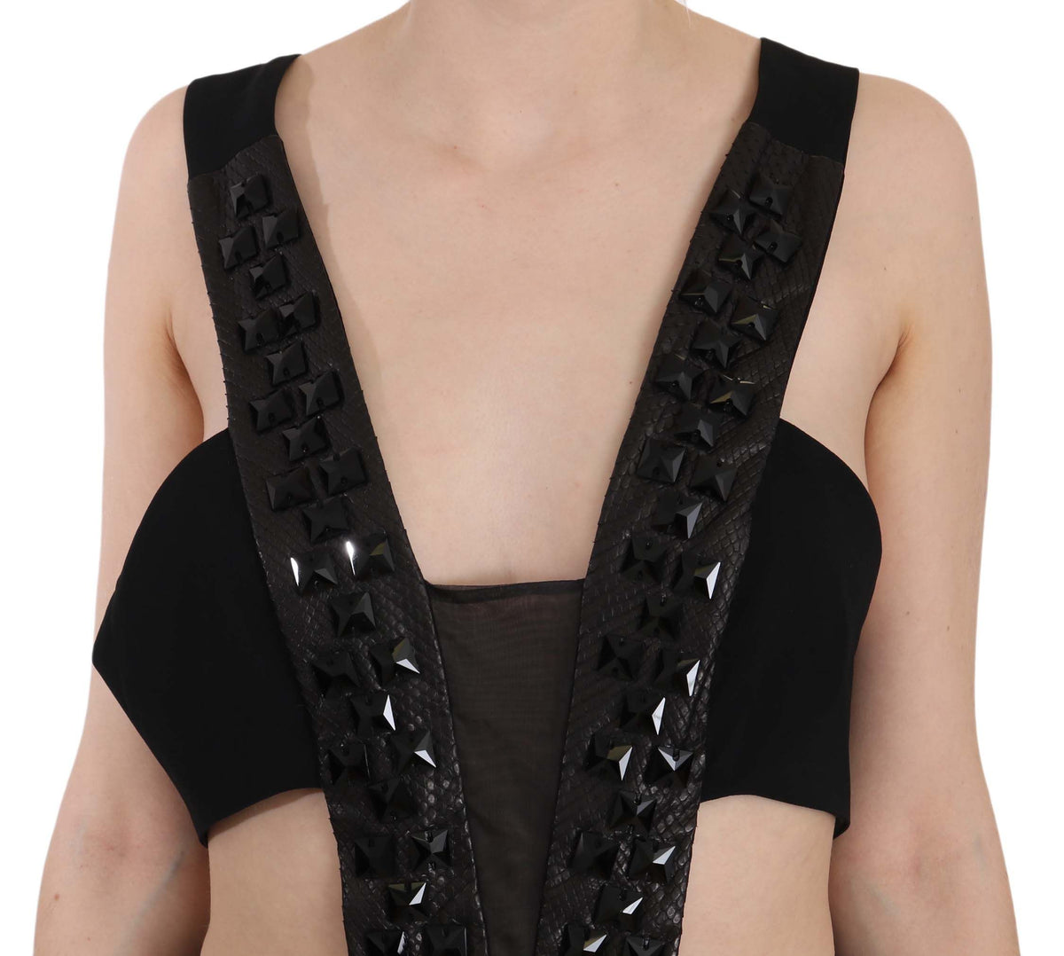 John Richmond Crystal & Leather Flare Gown — Black | Made in Italy