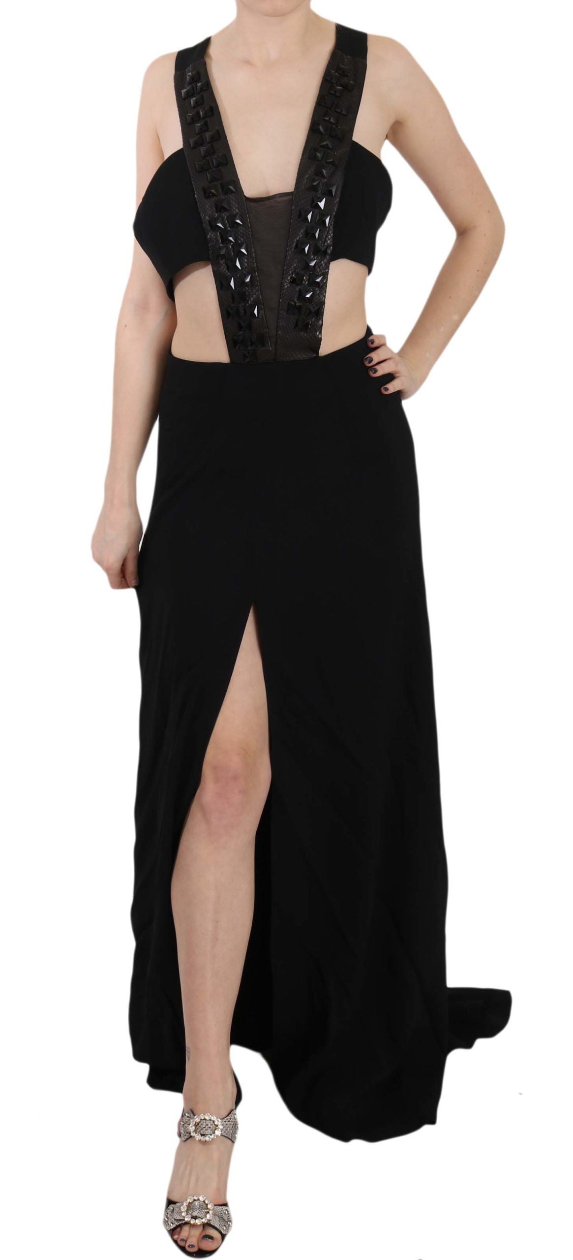 John Richmond Crystal & Leather Flare Gown — Black | Made in Italy