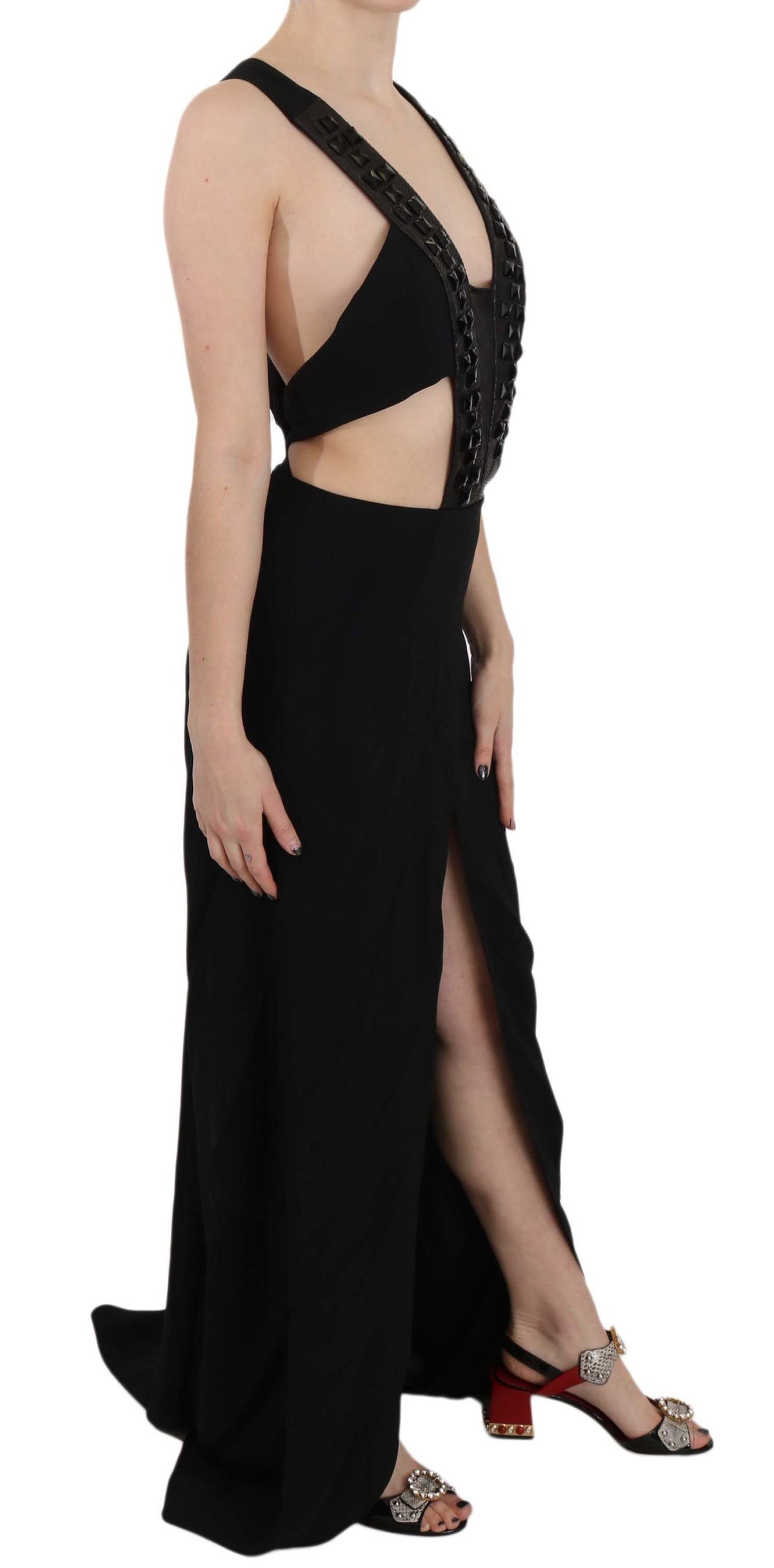 John Richmond Crystal & Leather Flare Gown — Black | Made in Italy