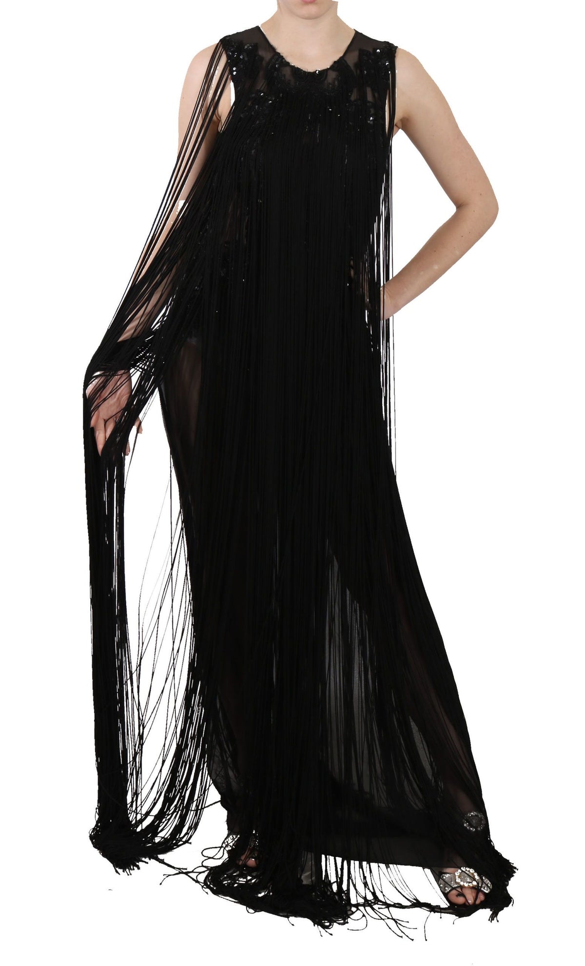 John Richmond Beaded Sequined Sheer Silk Dress — Black | Made in Italy