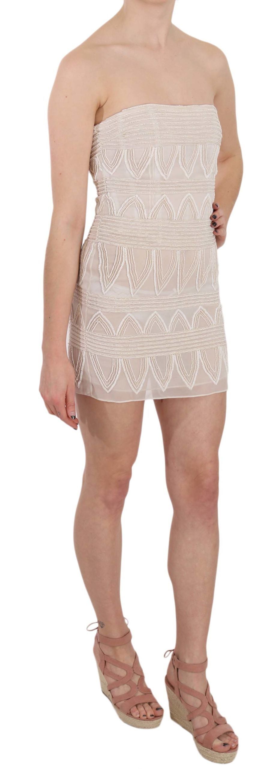 John Richmond Beaded Silk Mini Gown — Beige | Made in Italy