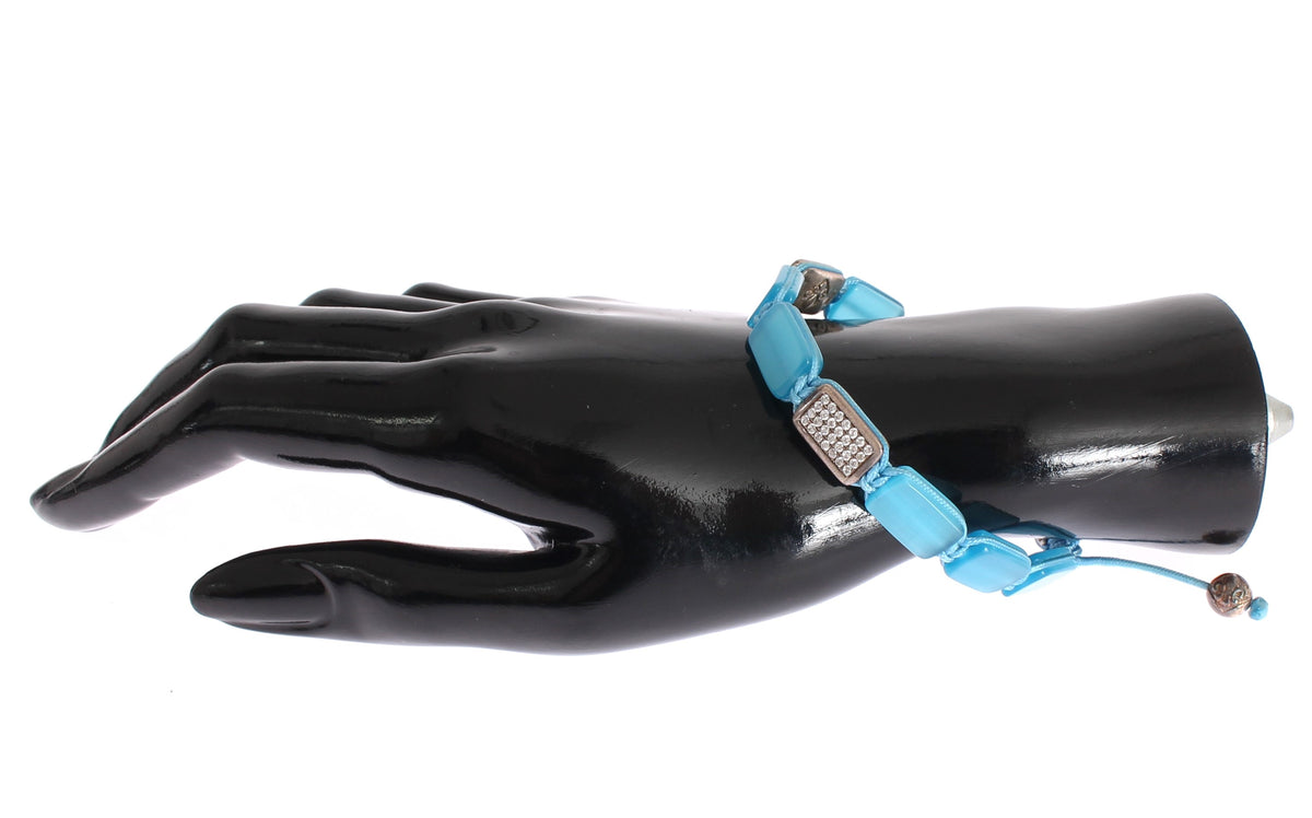 Nialaya Women's Blue Opal & 925 Silver CZ Flatbead Bracelet – Signature Lock, Handmade in Hollywood