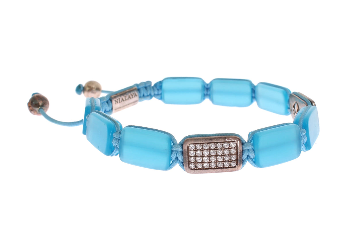 Nialaya Women's Blue Opal & 925 Silver CZ Flatbead Bracelet – Signature Lock, Handmade in Hollywood