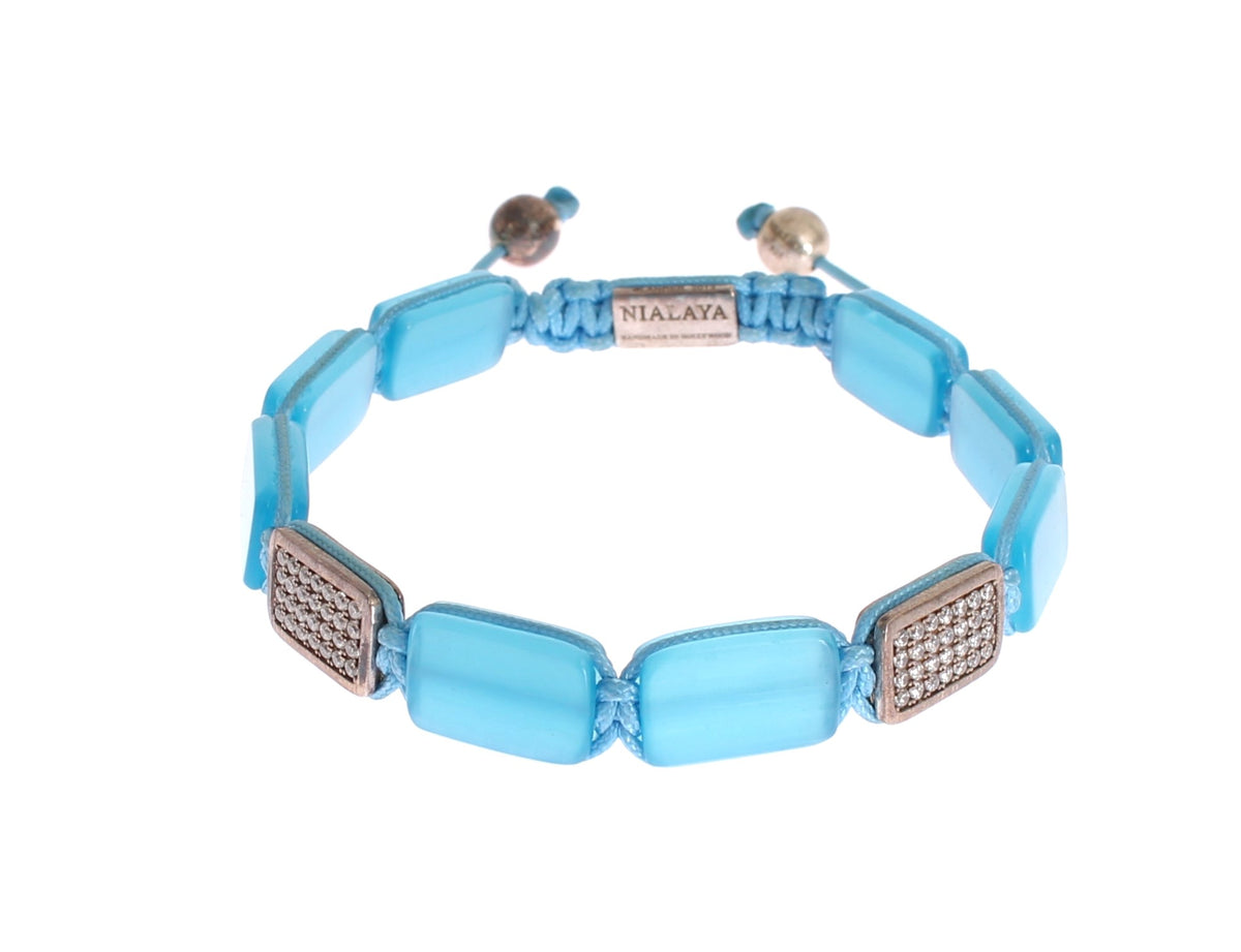 Nialaya Women's Blue Opal & 925 Silver CZ Flatbead Bracelet – Signature Lock, Handmade in Hollywood