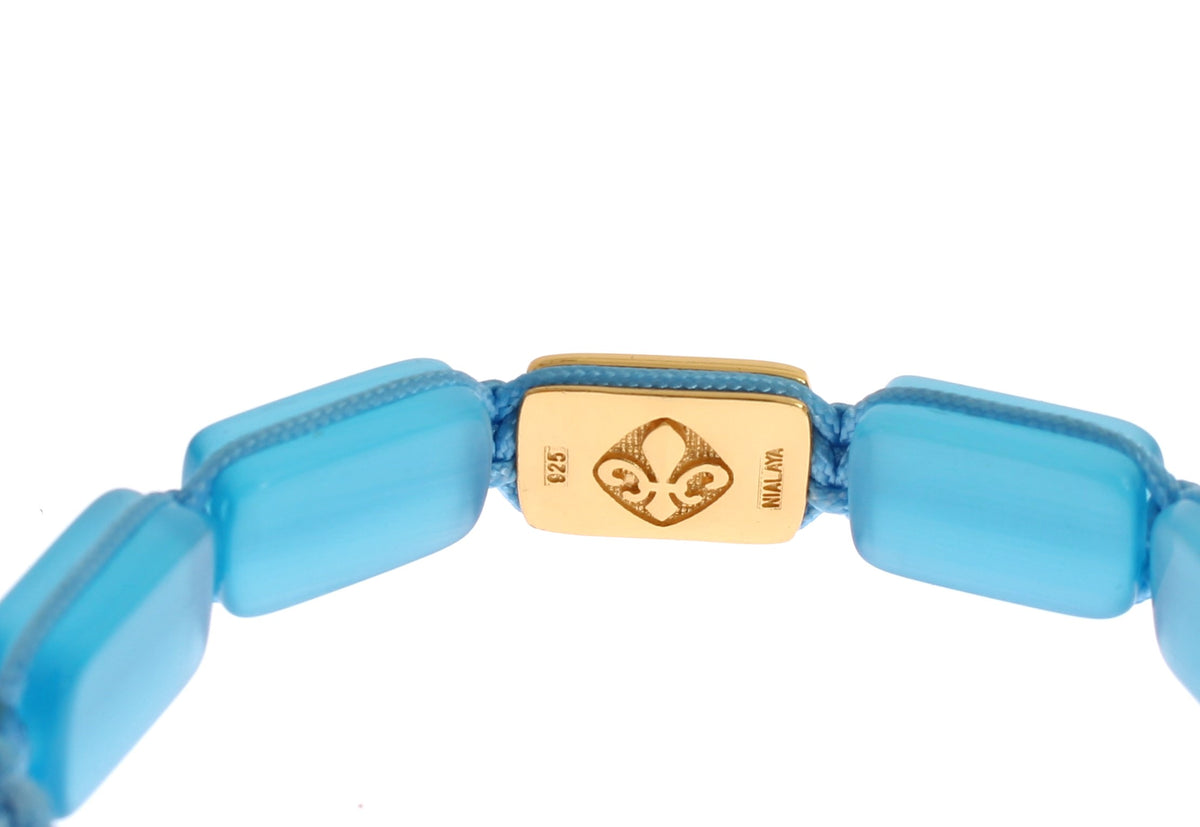 Nialaya Women's Blue Opal & 18K Gold 925 Silver CZ Flatbead Bracelet – Signature Lock, Handmade in Hollywood